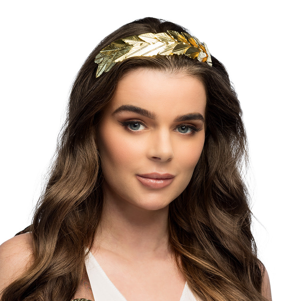 Iron laurel tiara inspired by Roman and Greek jewelry, suitable for adults, displayed on a hanging card.