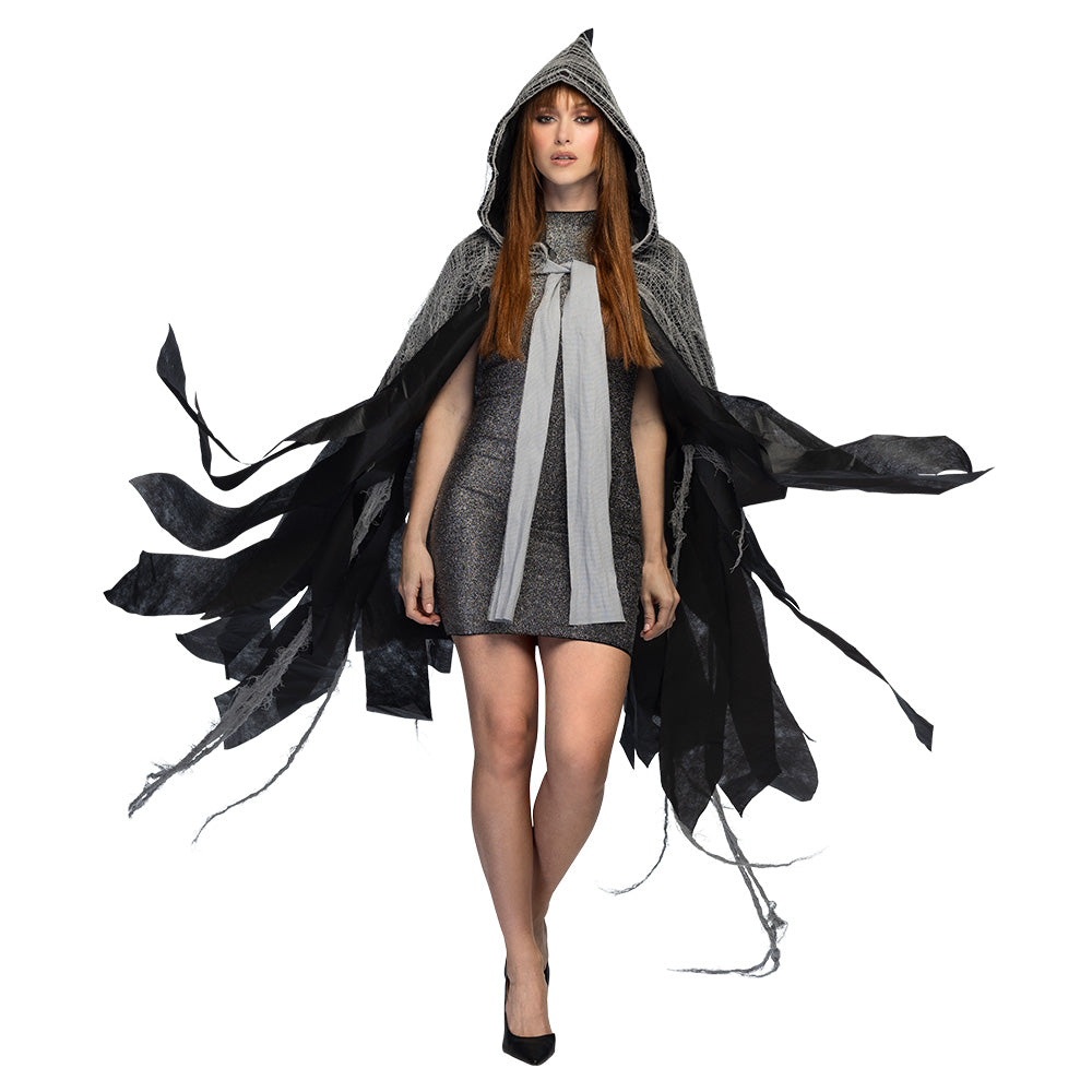 Gray vampire Halloween cape with hood for adult women, 150 cm long, made of 100% polyester, perfect for costumes and themed parties.