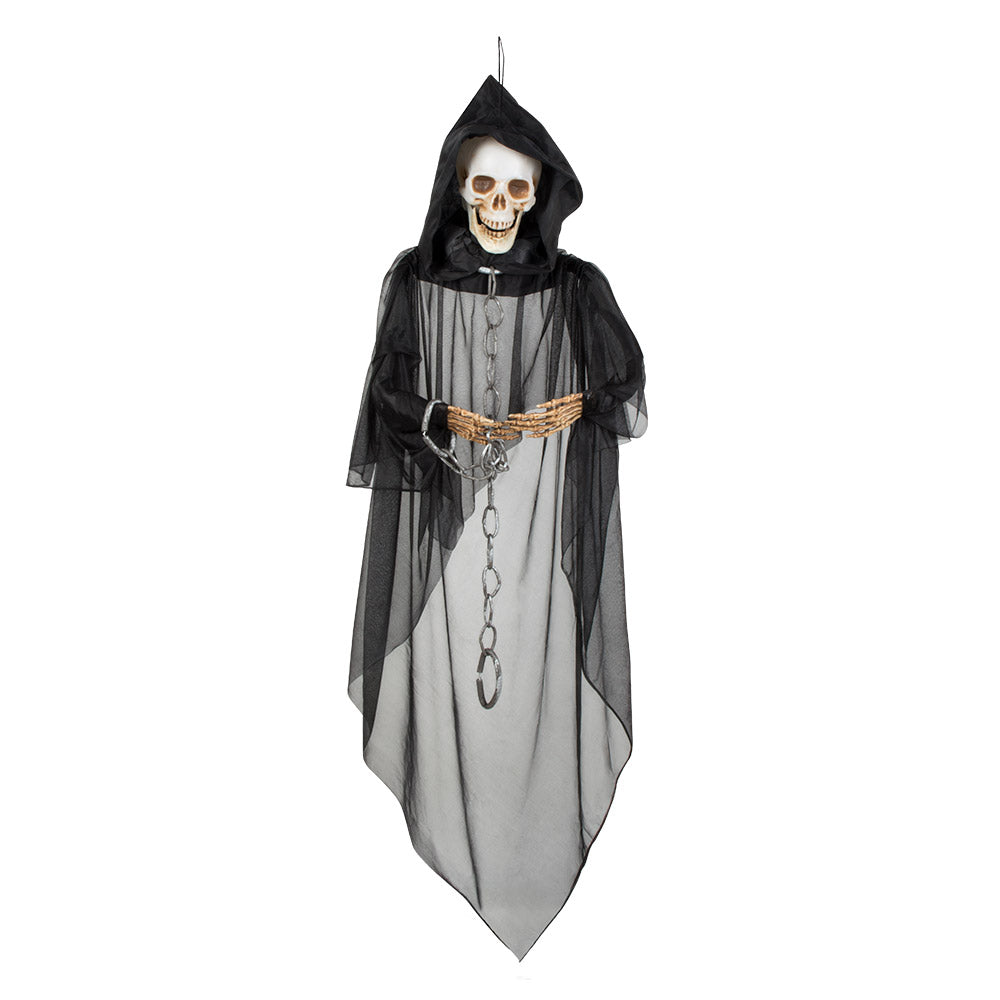 Hanging chained skeleton Halloween decoration measuring 150 cm, made of polyester, polyethylene, polystyrene, and iron, perfect for haunted house or dungeon themed displays.
