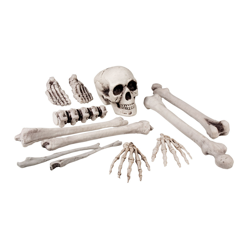 Set of 12 skull and bone decorations for Halloween, pirate, and skeleton themed parties, made of polyethylene and polypropylene, measuring 23 cm.