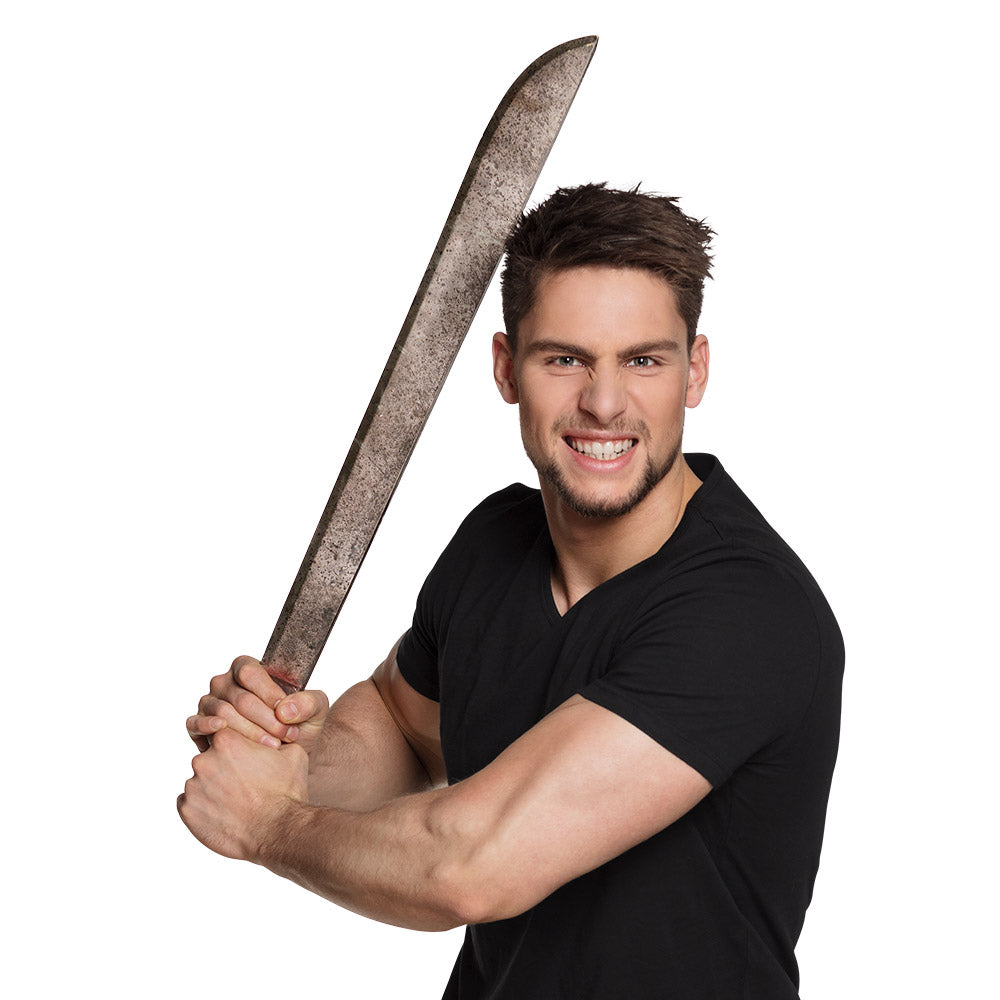 Foam machete prop for adults, 77 cm long, made of polyurethane, ideal for horror costumes and Halloween accessories.