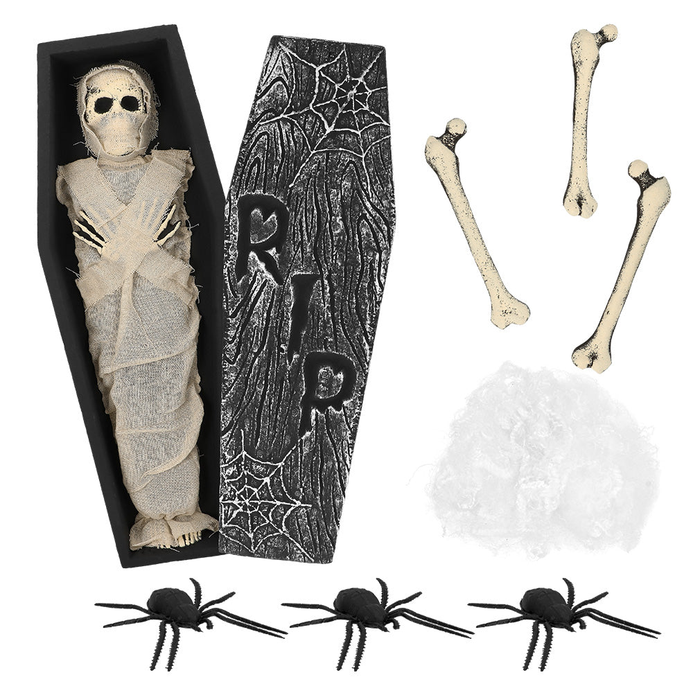 Halloween mummy decoration set featuring a mummy in a coffin, three bones, a spider web, and three spiders, perfect for haunted house or dungeon themed decor.
