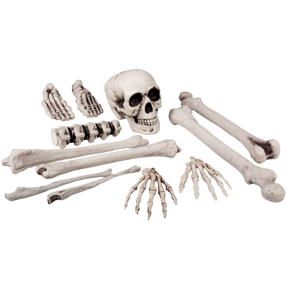 Set of 12 large skull and bone decorations made of polypropylene, ideal for pirate, skeleton, and Halloween party themes.