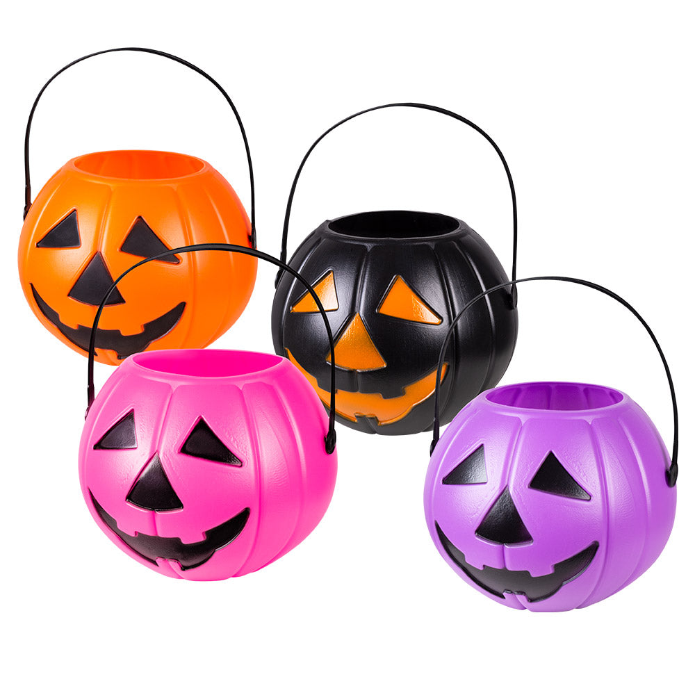 Halloween pumpkin bucket in assorted colors, 14 x 16 cm, made of polyethylene, perfect for trick-or-treating or Halloween party decoration.