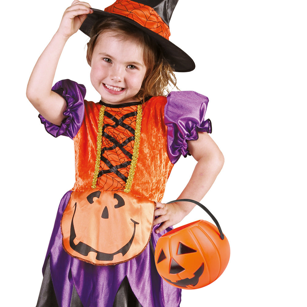 Orange Halloween pumpkin bucket made of polyethylene, ideal for trick-or-treating or Halloween decoration, measuring 14 x 16 cm.