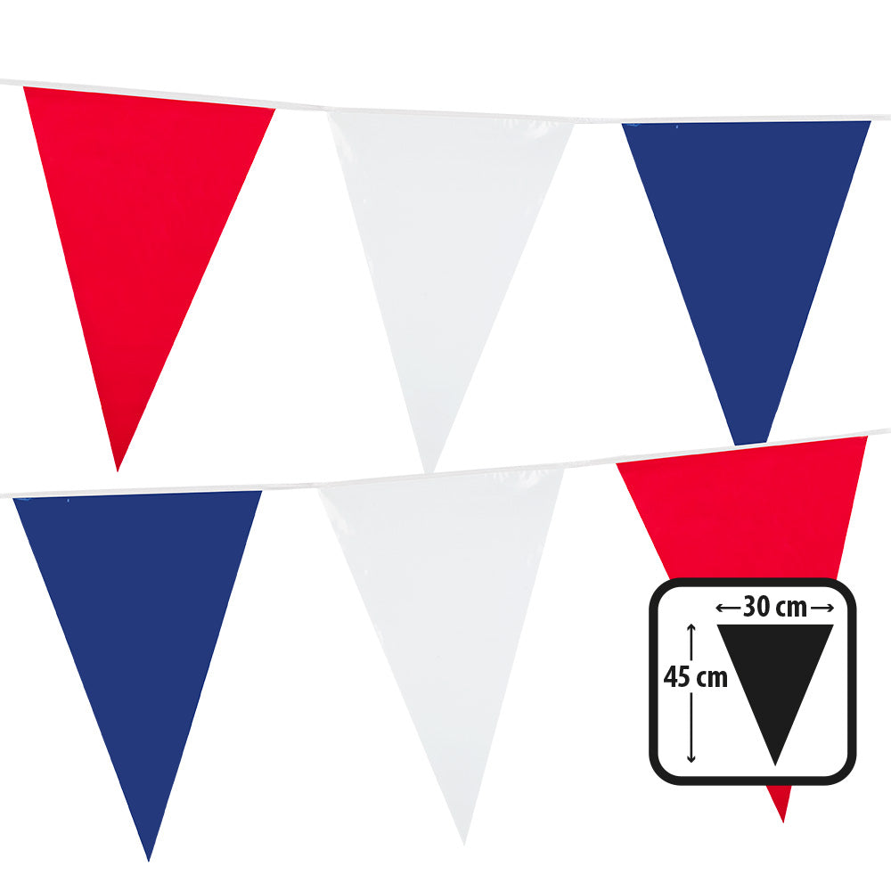 Large tricolor polyethylene flag bunting with 18 flags measuring 45 x 30 cm each, 10 meters long, ideal for national celebrations and events.