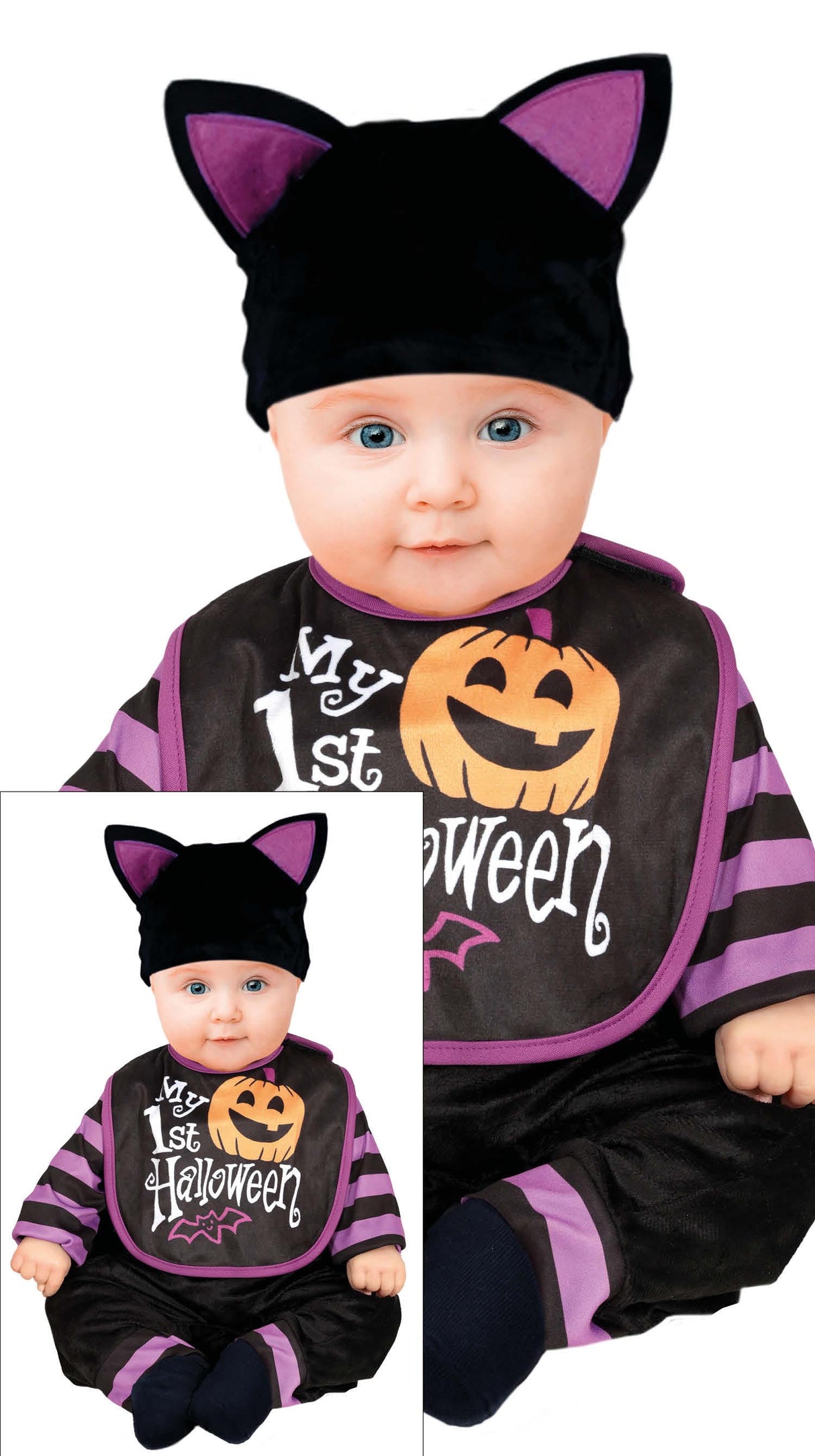 Baby bat Halloween costume in black and lilac polyester for infants aged 18 to 24 months, animal-themed outfit for babies and toddlers.