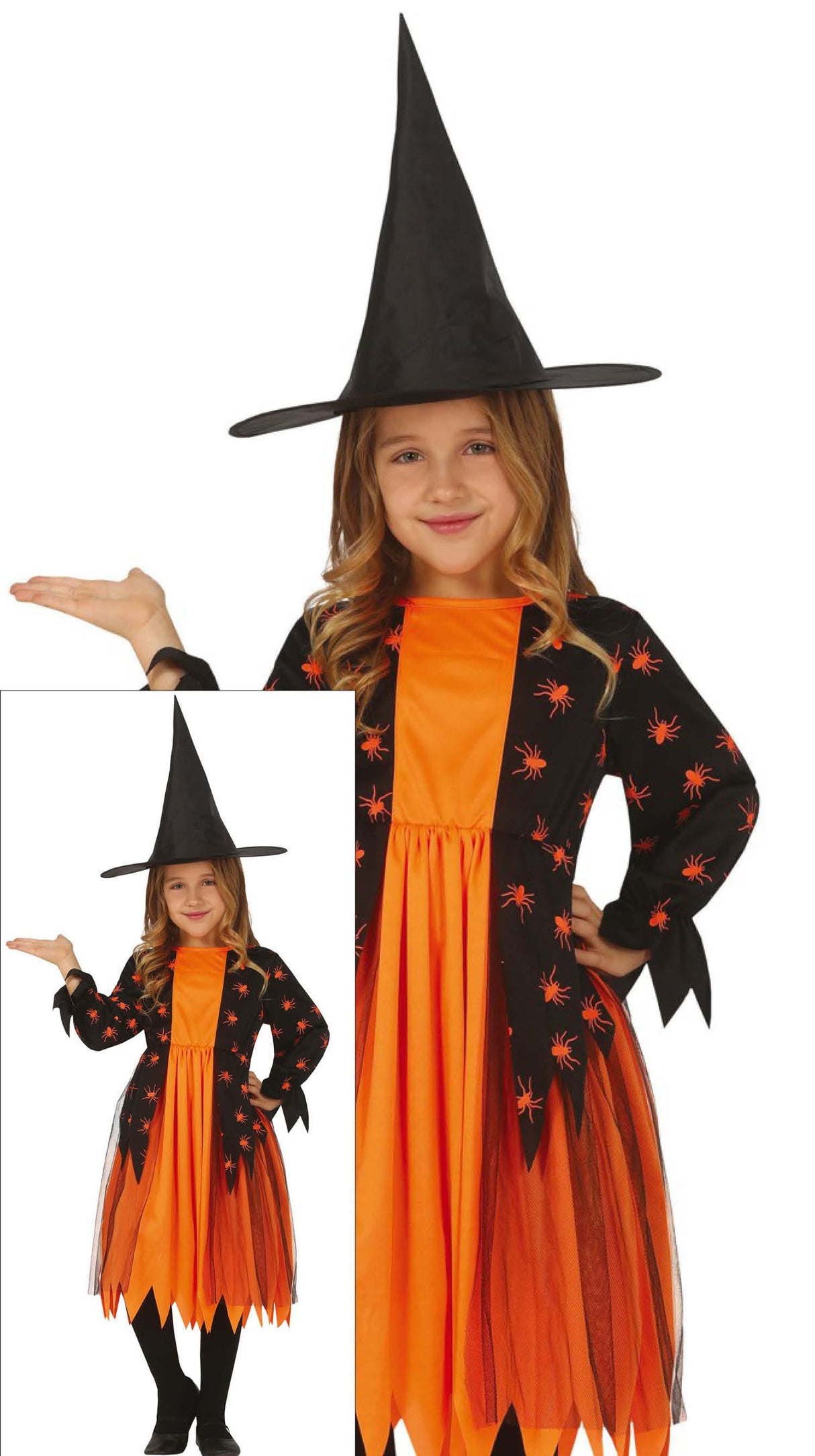 Girls Halloween witch costume with spider design in black and orange polyester for children ages 7 to 9.