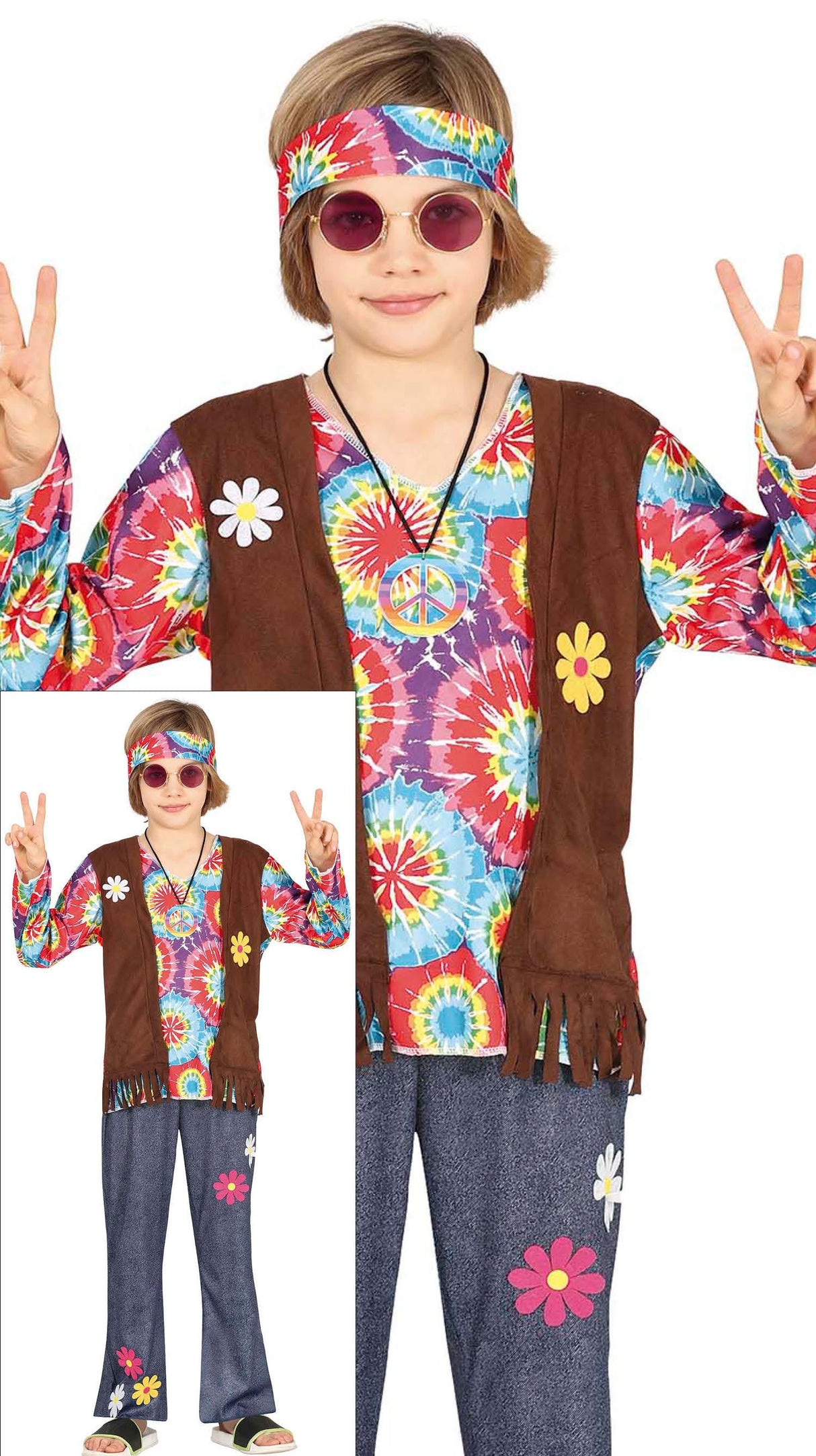 Colorful hippie costume for boys aged 5 to 6, made of polyester, ideal for 60s themed parties and dress-up events.