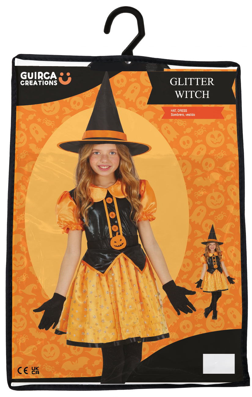 Déguisement sorcière paillettes noir et orange enfant 7-9 ans