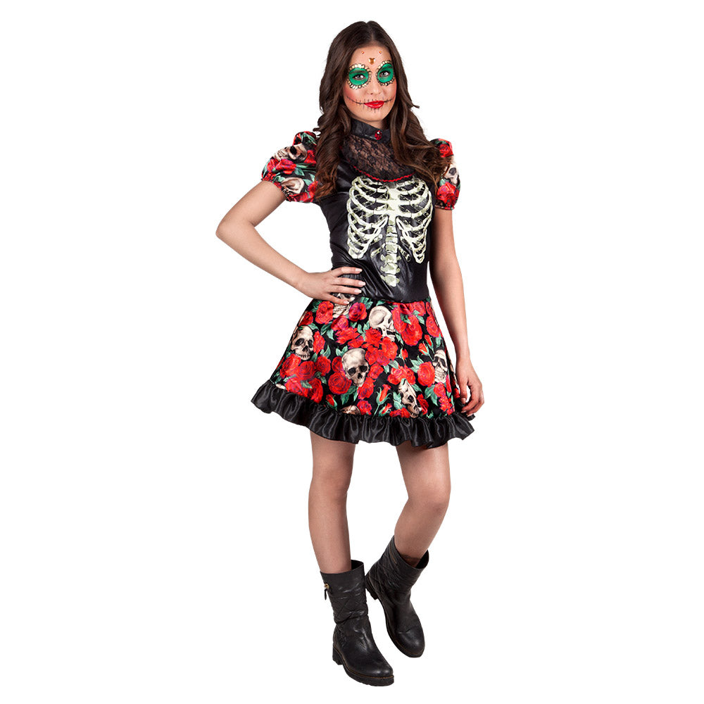Teen girl Day of the Dead Halloween costume in size 14-16, featuring colorful skull and floral designs, made from 100% polyester.