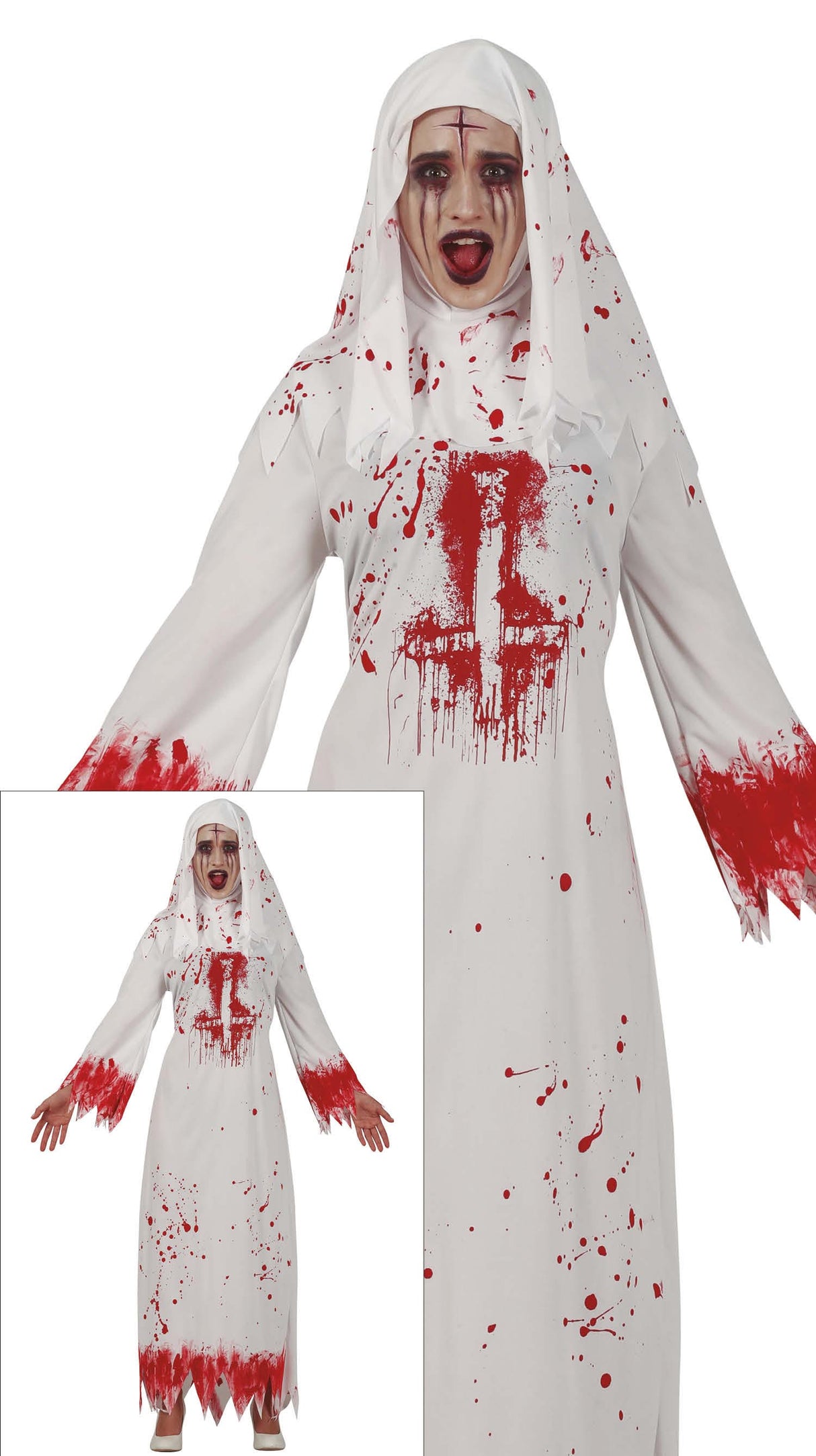 Bloody nun costume for adult women in white and red polyester, perfect for Halloween parties.