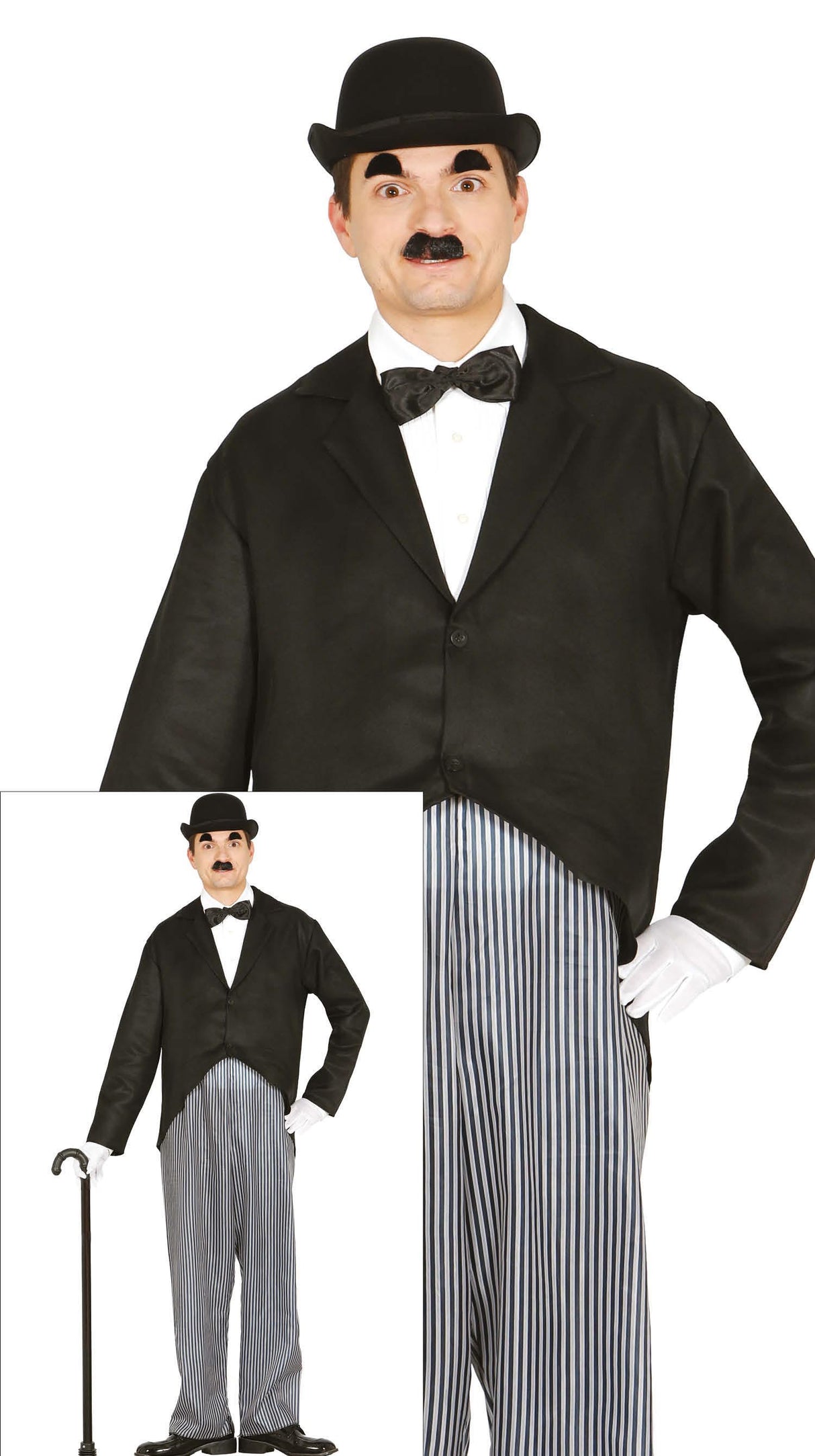 Adult men's actor costume size L 52-54 in black and gray polyester, cinema and clown theme, perfect for adult dress-up and Halloween parties.