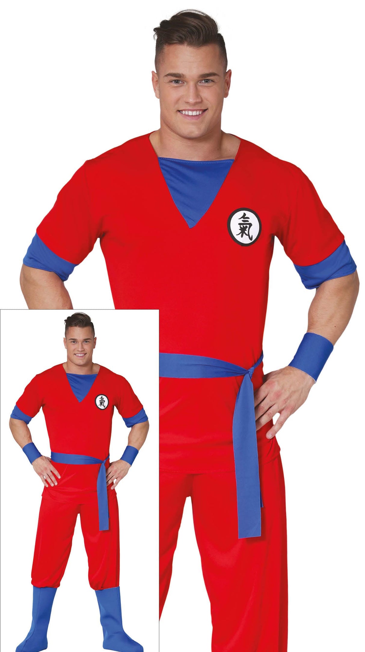 Adult men's large manga warrior costume in red and blue polyester, inspired by Asian ninja, video game, superhero, and animation themes.