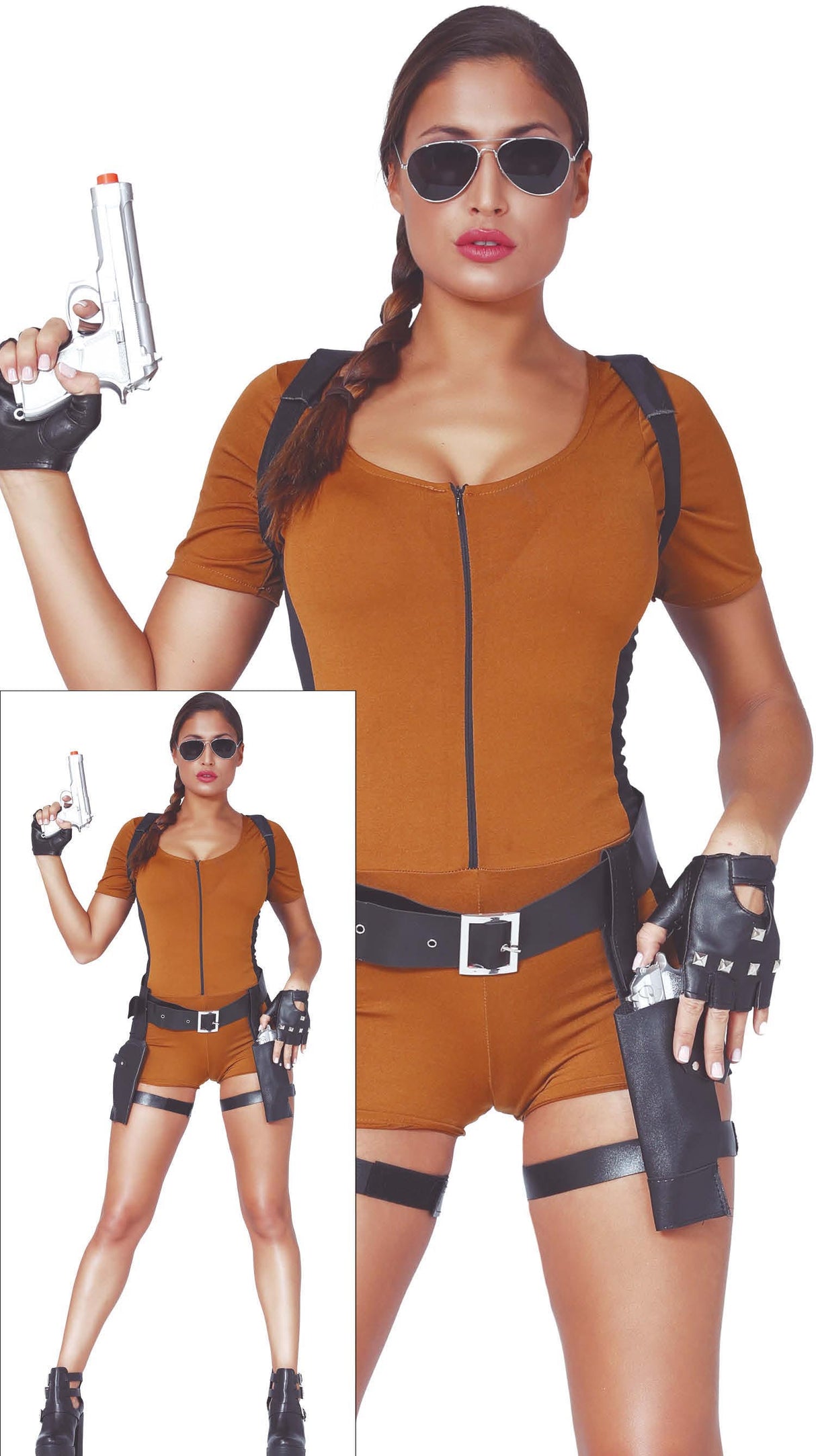 Women's brown spandex adventurer costume for adults inspired by movies, video games, superheroes, and animation, made from polyester.