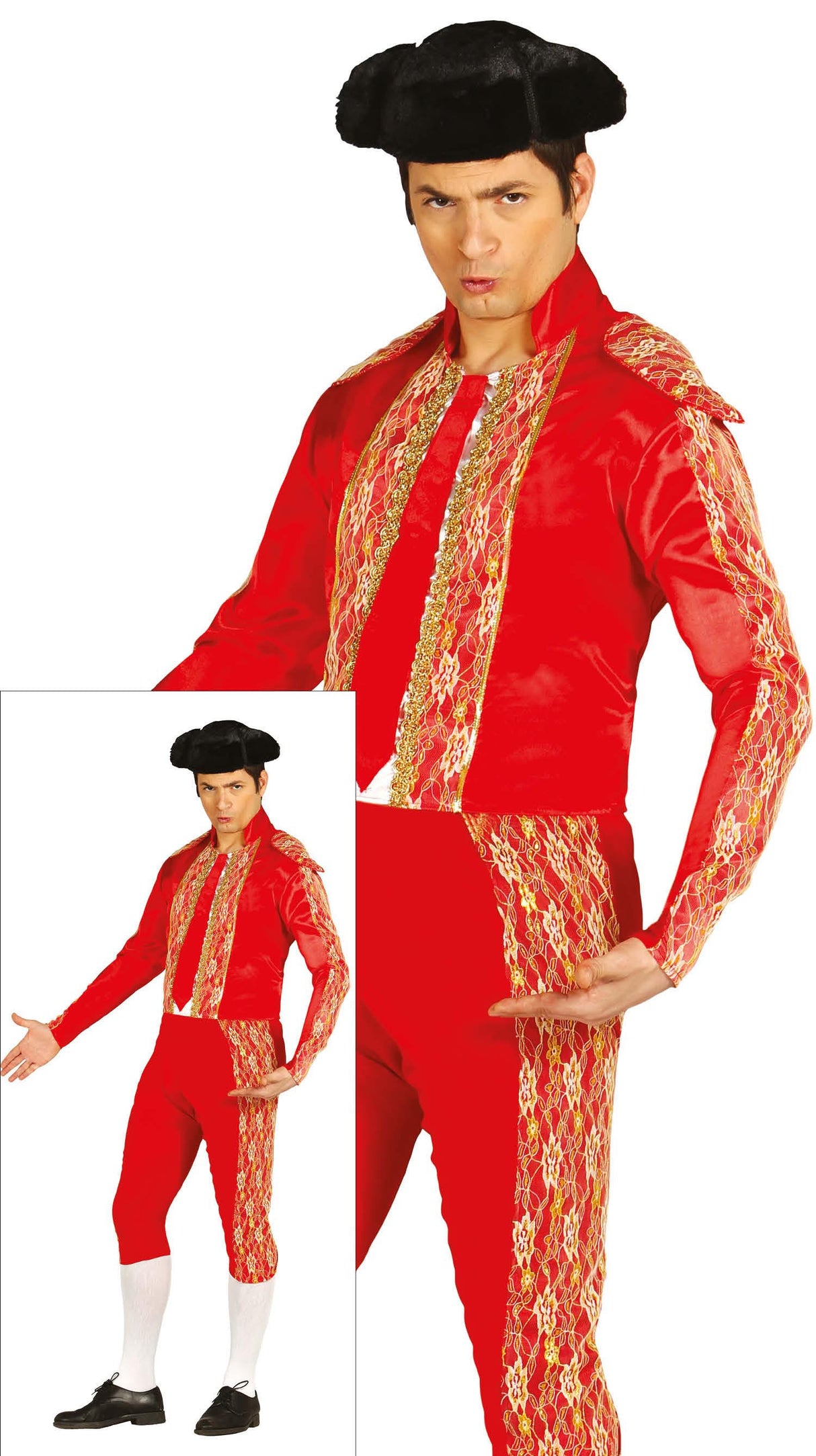 Adult men's red polyester toreador costume for world cultures theme, ideal for adult dress-up and cosplay events.