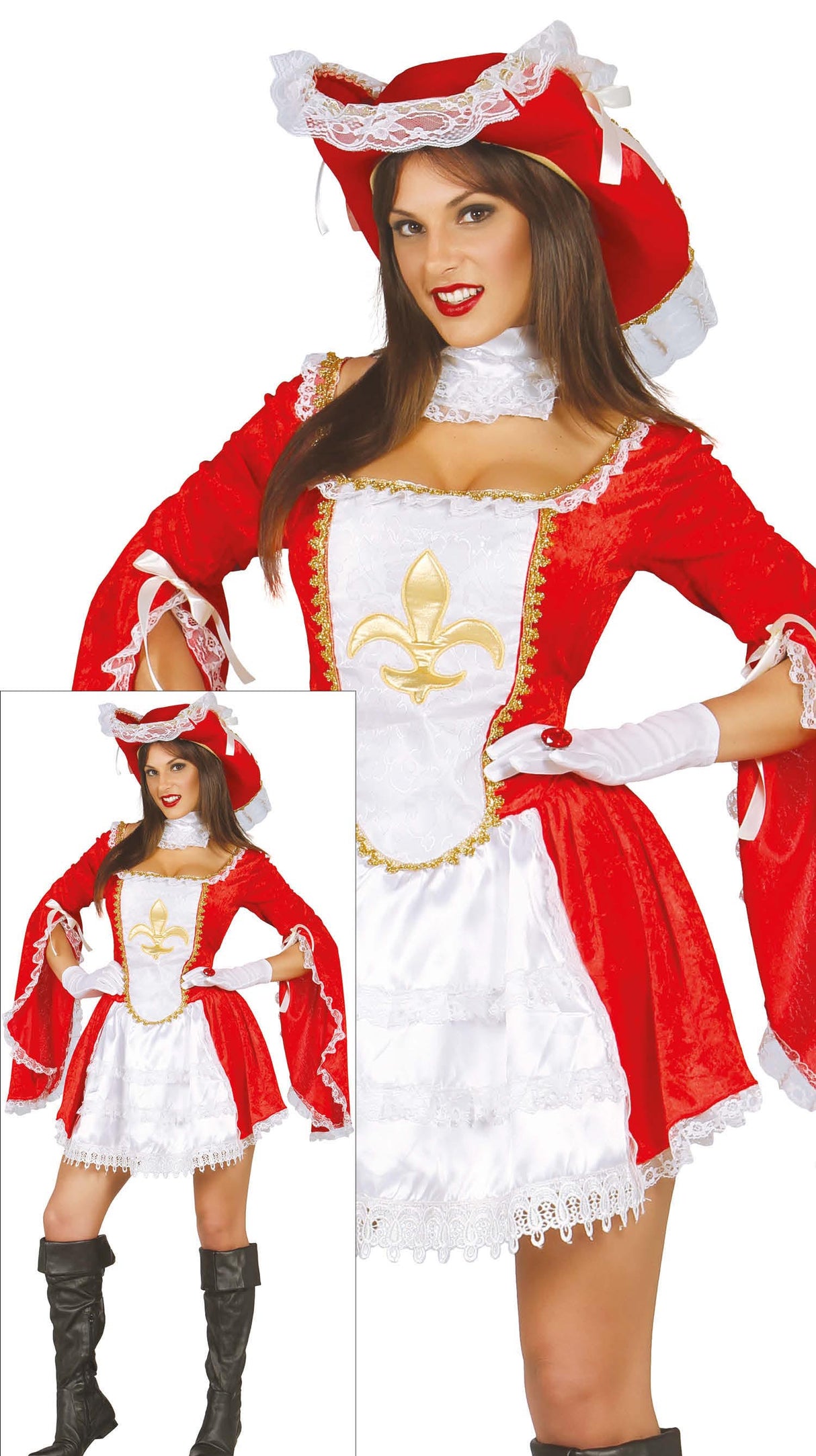 Women's musketeer costume in white and red polyester, adult size, perfect for bandit and musketeer themed parties.