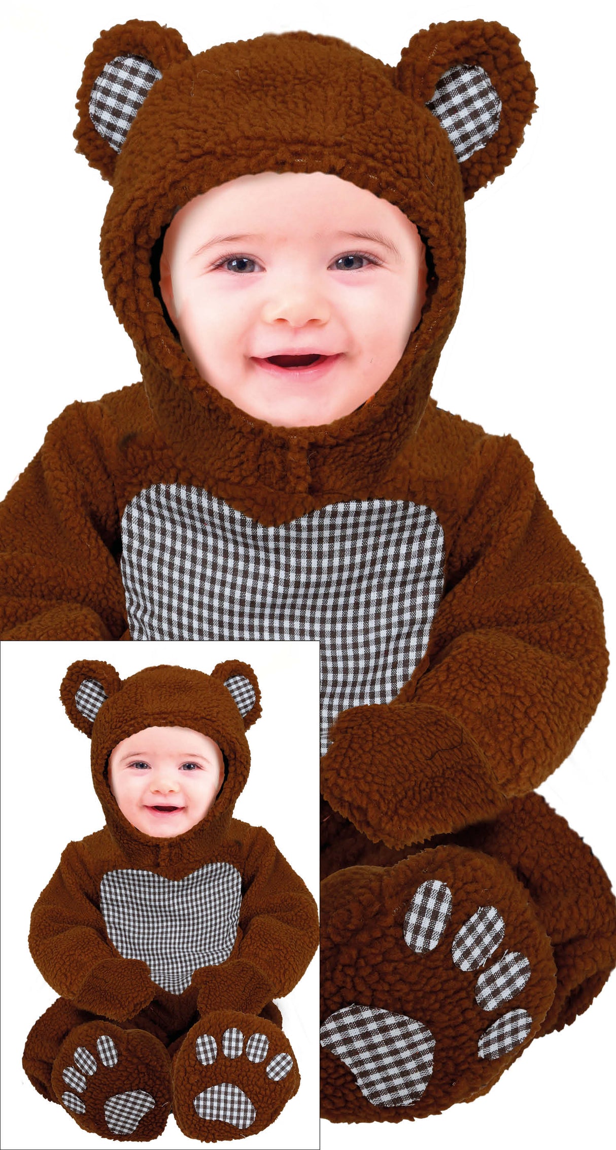 Baby unisex teddy bear costume for ages 12 to 18 months in brown and gray polyester, animal theme, perfect for baby and toddler dress-up.