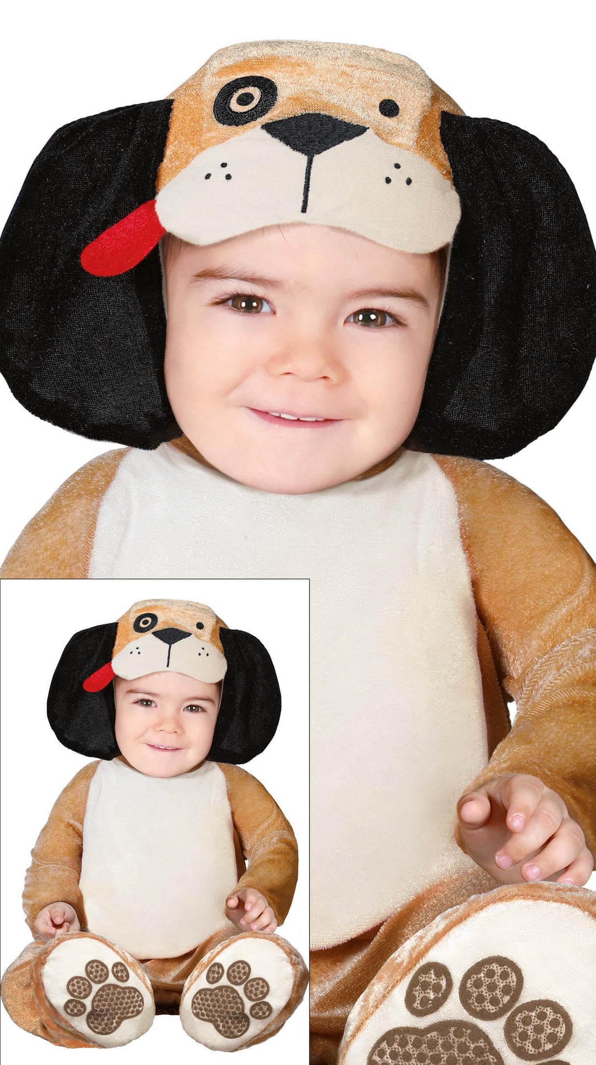 Baby unisex brown dog costume for 12-18 months, polyester animal-themed outfit for infants and toddlers.