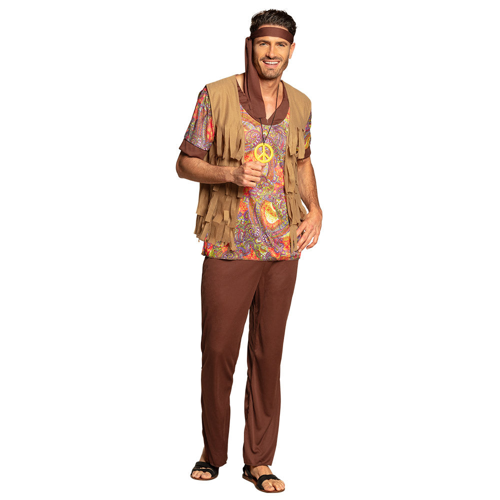 Men's Willow costume for adults size 50/52, 100% polyester, 60s and 70s hippie style, includes garment bag with hanger.