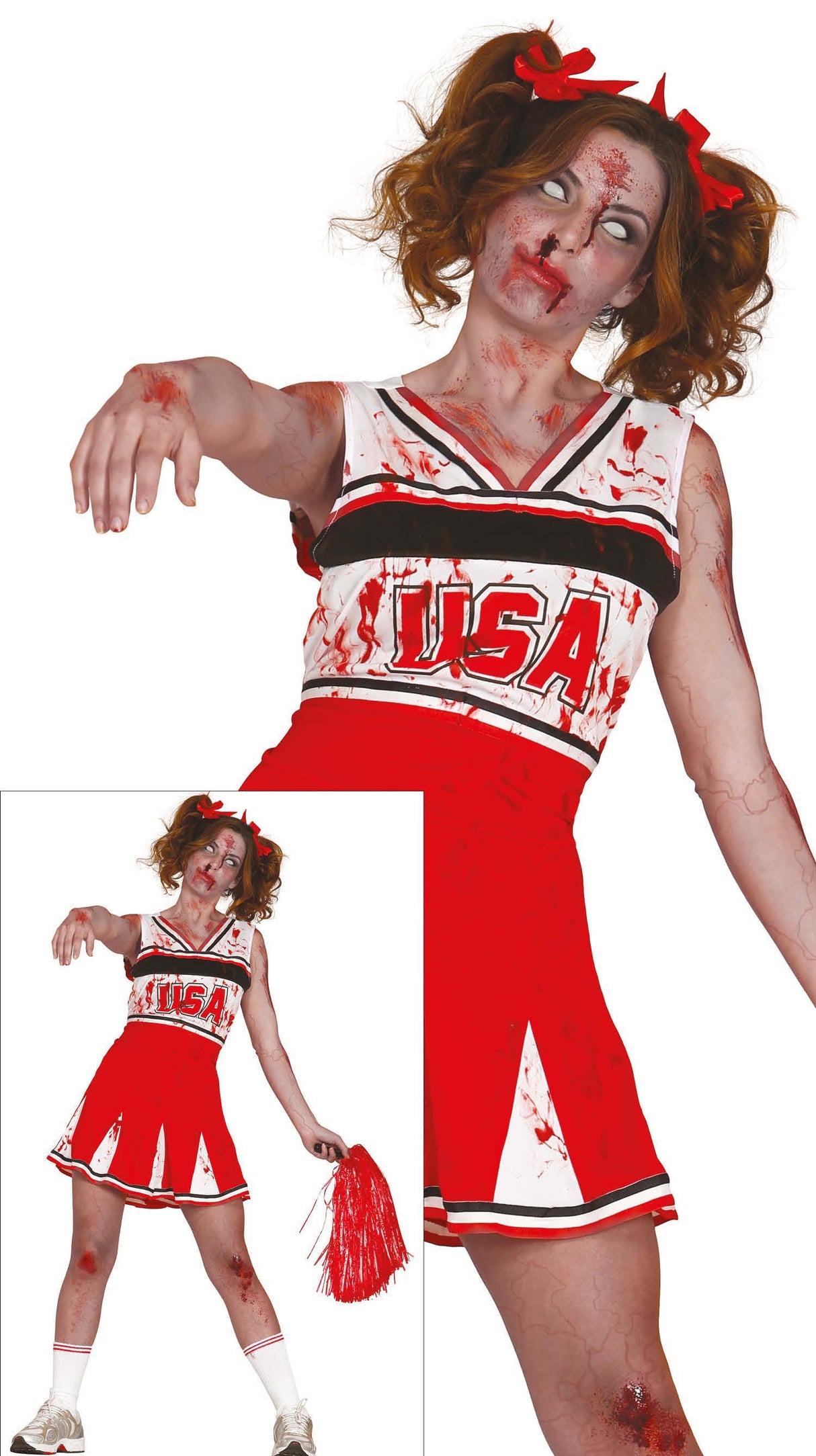 Adult women's red and white polyester cheerleader costume for Halloween with sporty zombie theme.