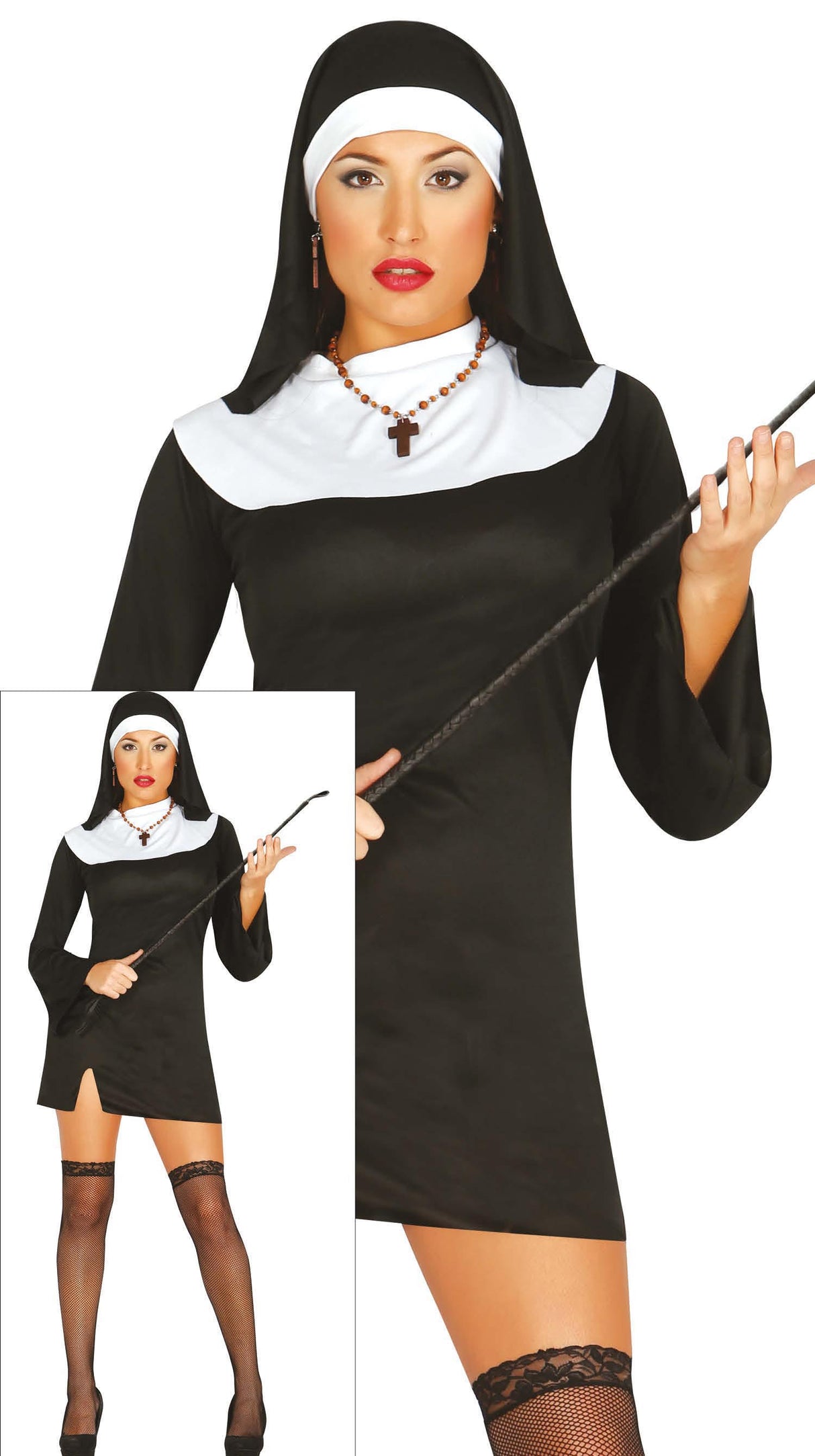 Adult women's medium black and white polyester nun costume for religious themed dress-up or Halloween.
