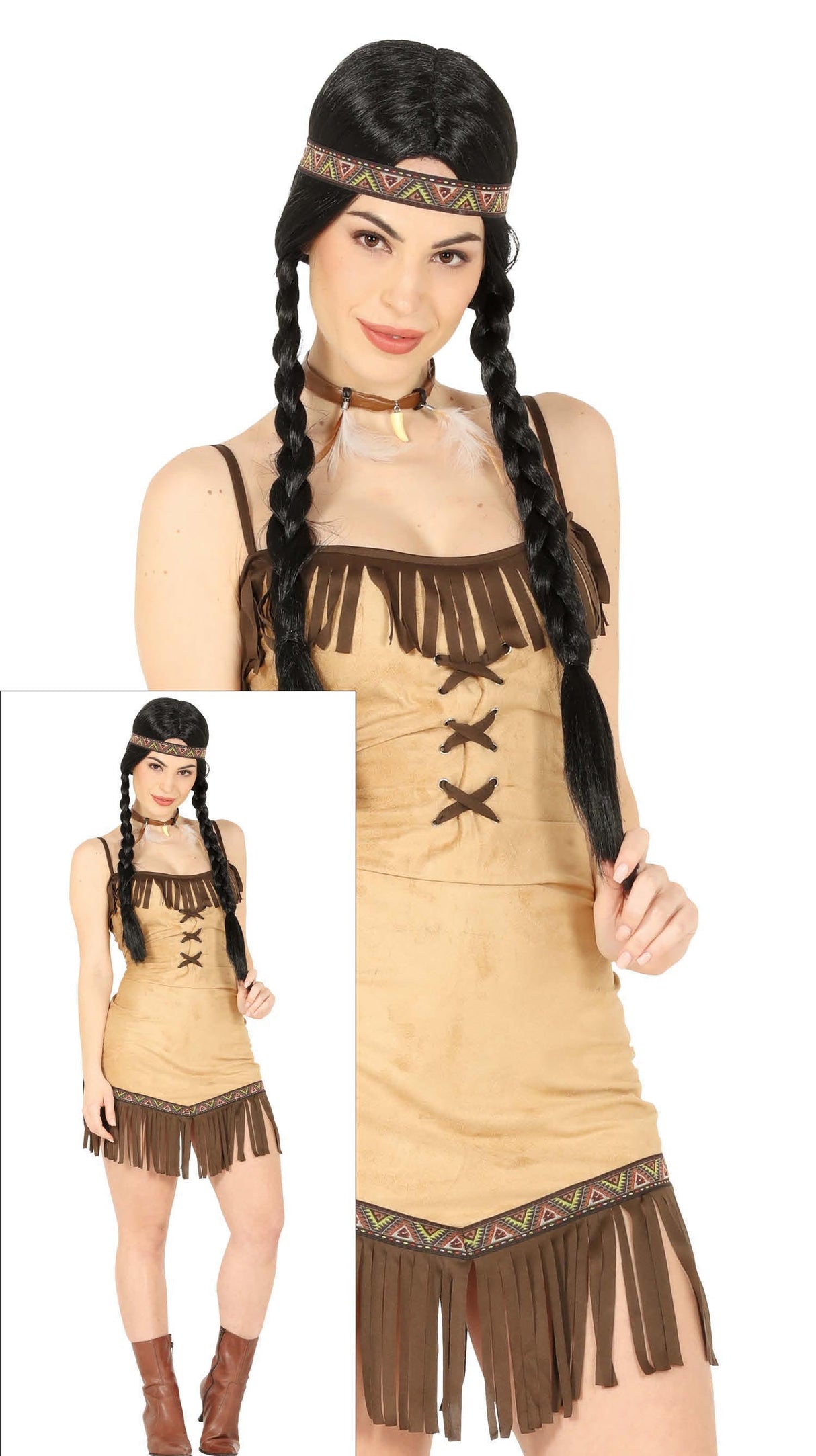 Women's Native American inspired costume in size large, made of brown and beige polyester, ideal for adult dress-up and themed parties.