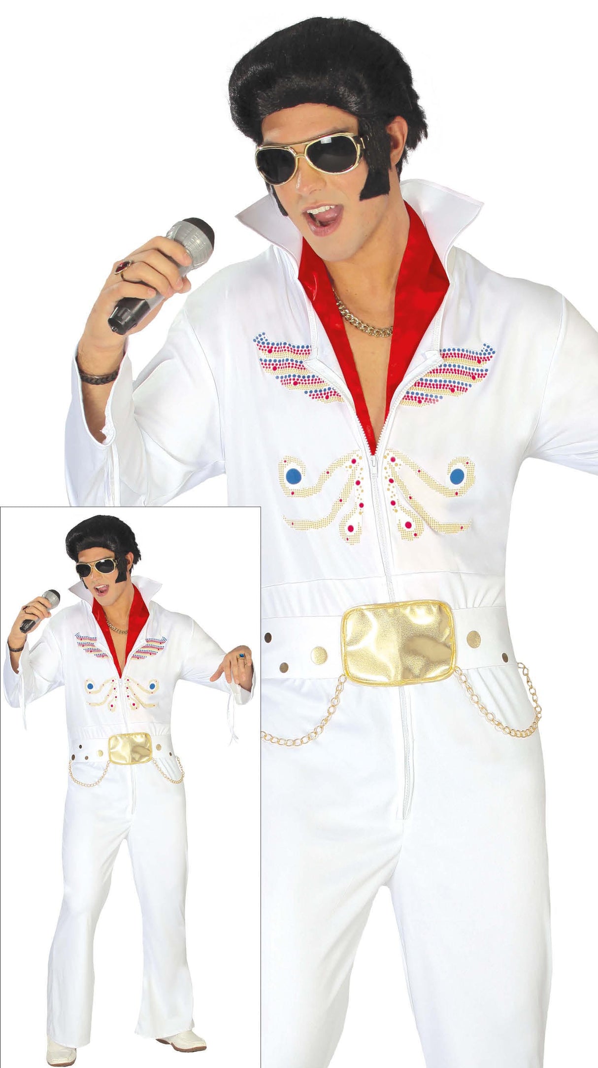 Men's The King Extra Size 50s Rock costume in white and gold polyester, adult fancy dress outfit.