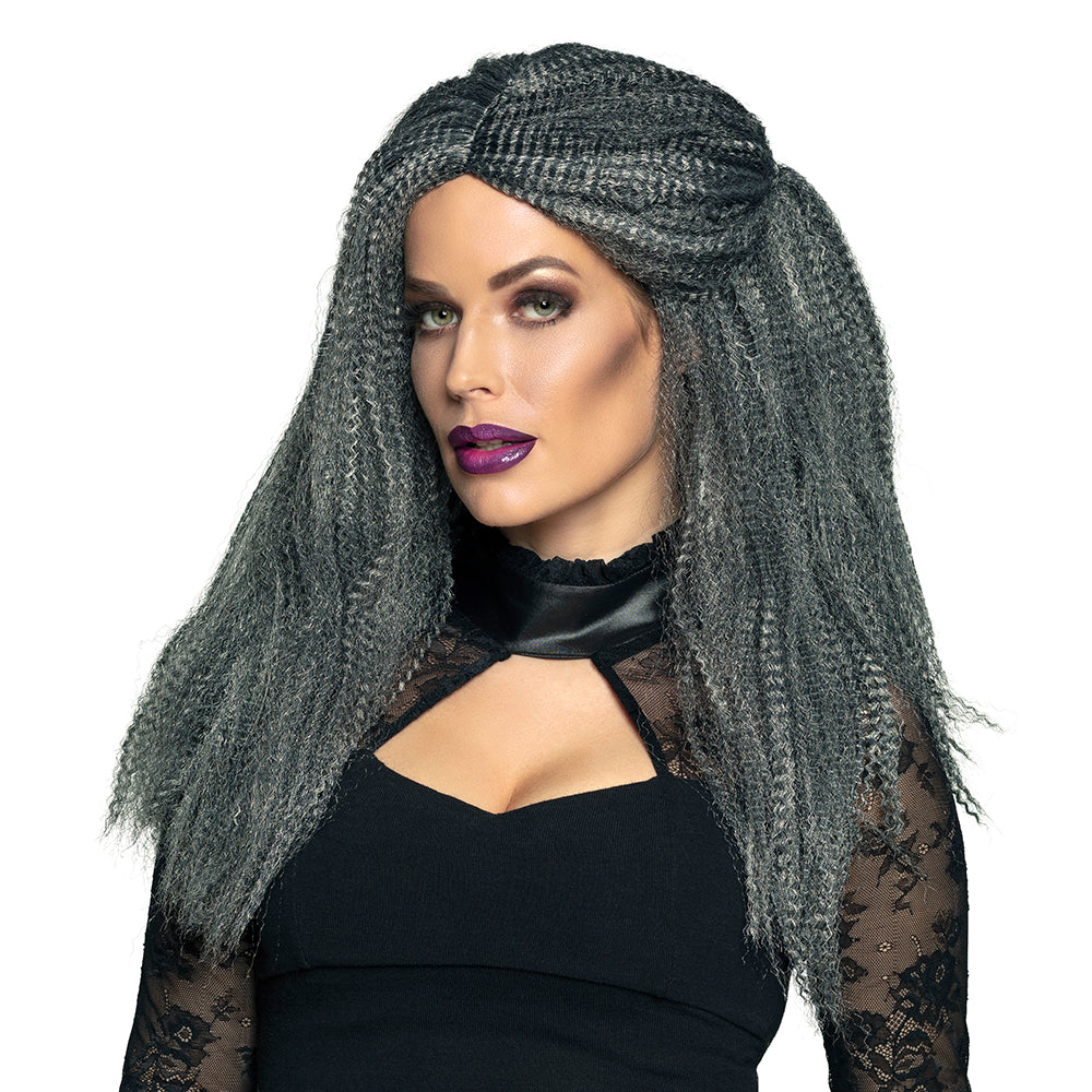 Gray witch wig for women made of 100% polyester, perfect for adult Halloween costumes and witch-themed parties.
