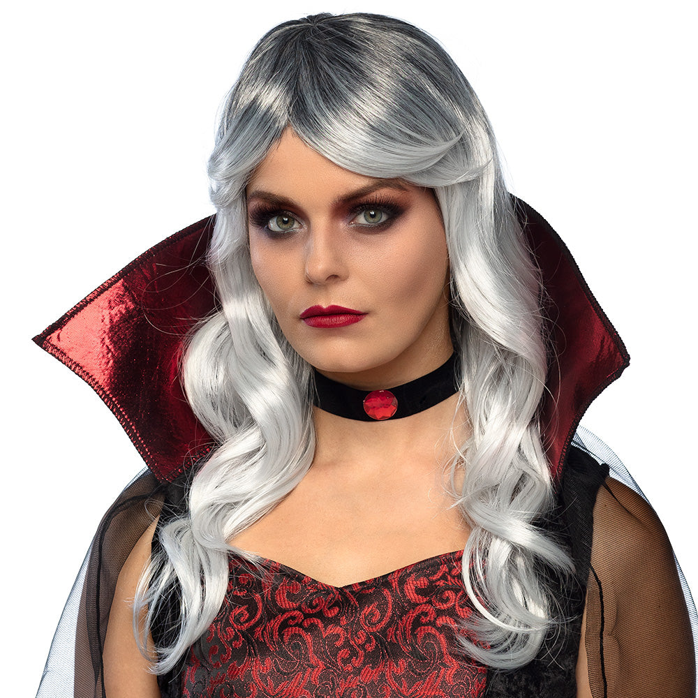 Women's vampire wig for Halloween costume, long black synthetic hair, adult size, 100% polyester, packaged in a box.