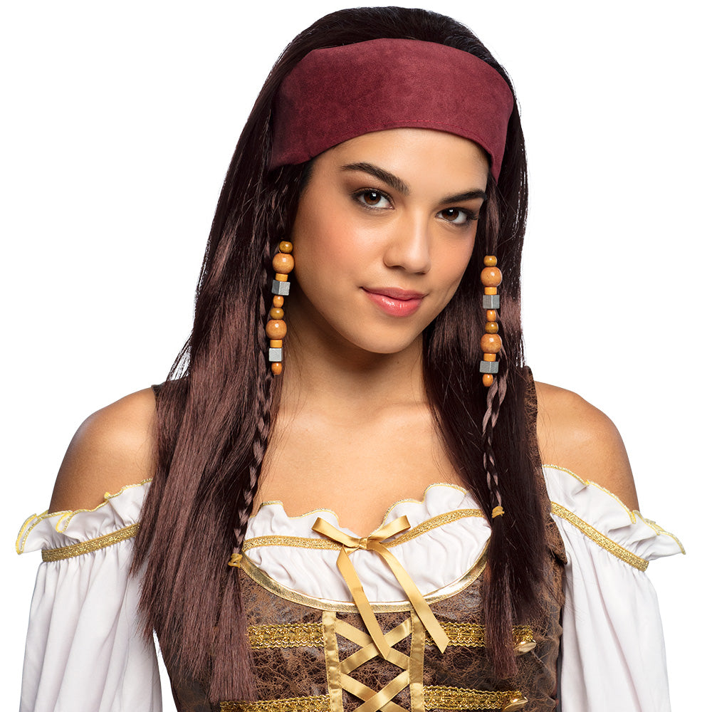 Women's brown pirate wig with bandana and beads, adult costume accessory made of polyester and wood, perfect for pirate costumes and themed parties.