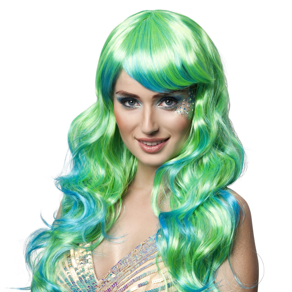 Green mermaid wig for women made of 100% polyester, adult costume accessory, packaged in a box.