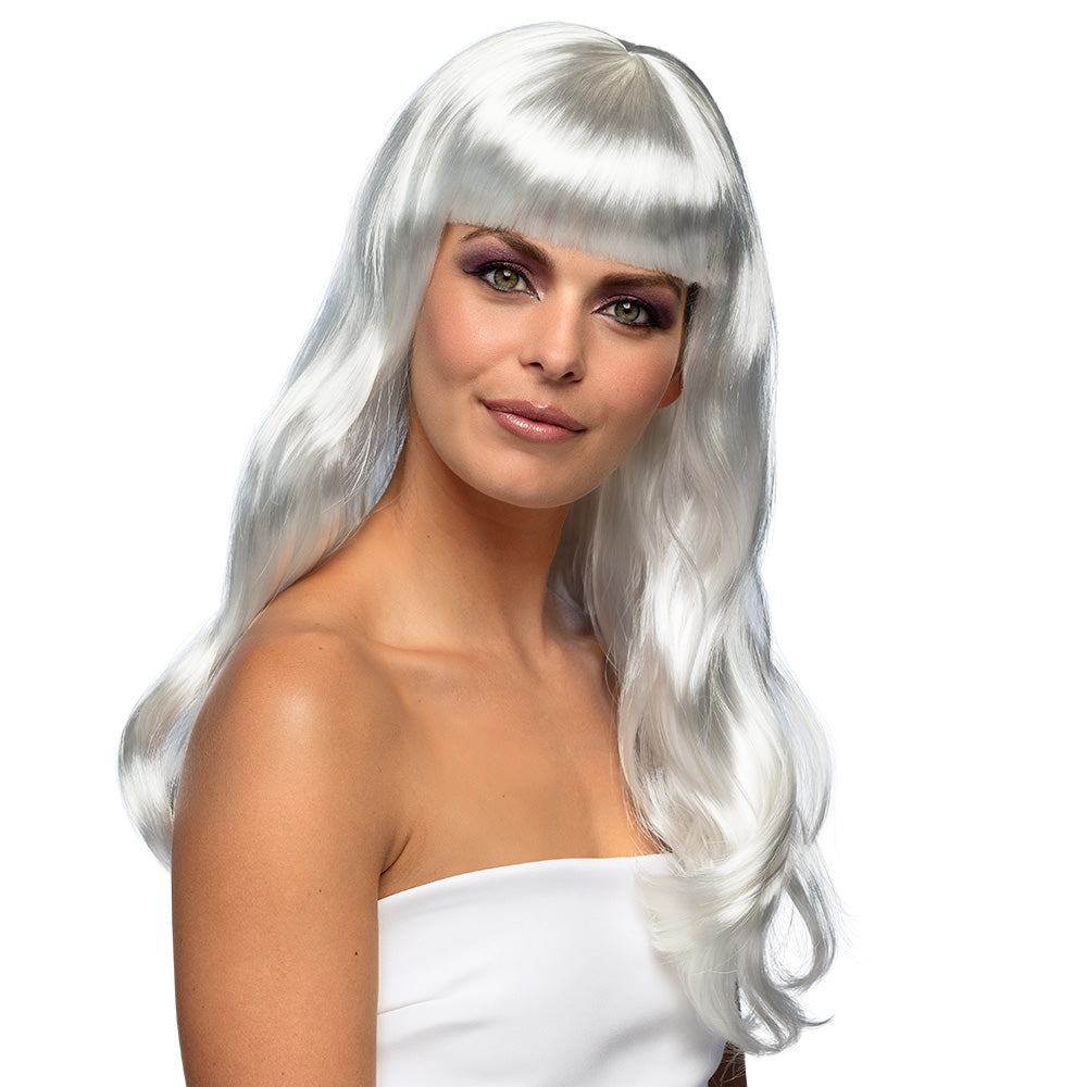 White chic wig for women made of 100% polyester, adult size, displayed in a box.