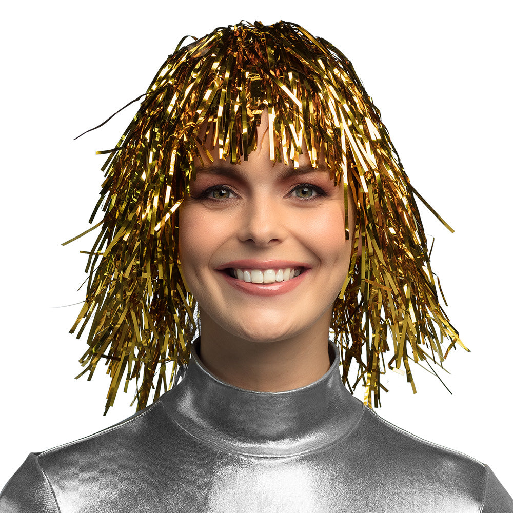 Gold metallic wig for women, party accessory for adults, shiny synthetic hairpiece ideal for New Year celebrations.