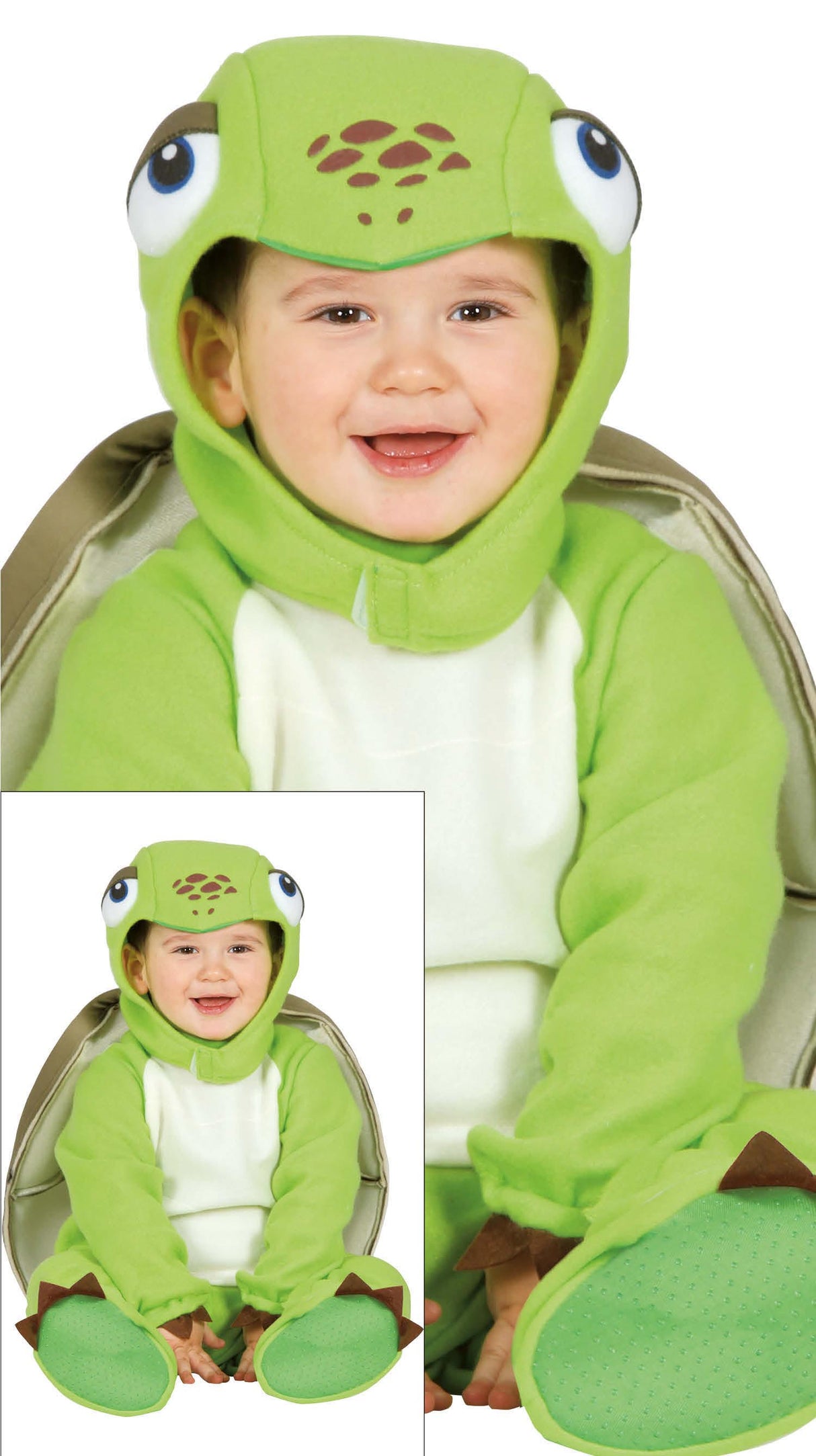 Baby unisex green turtle costume for 12-18 months, animal theme, made of polyester.