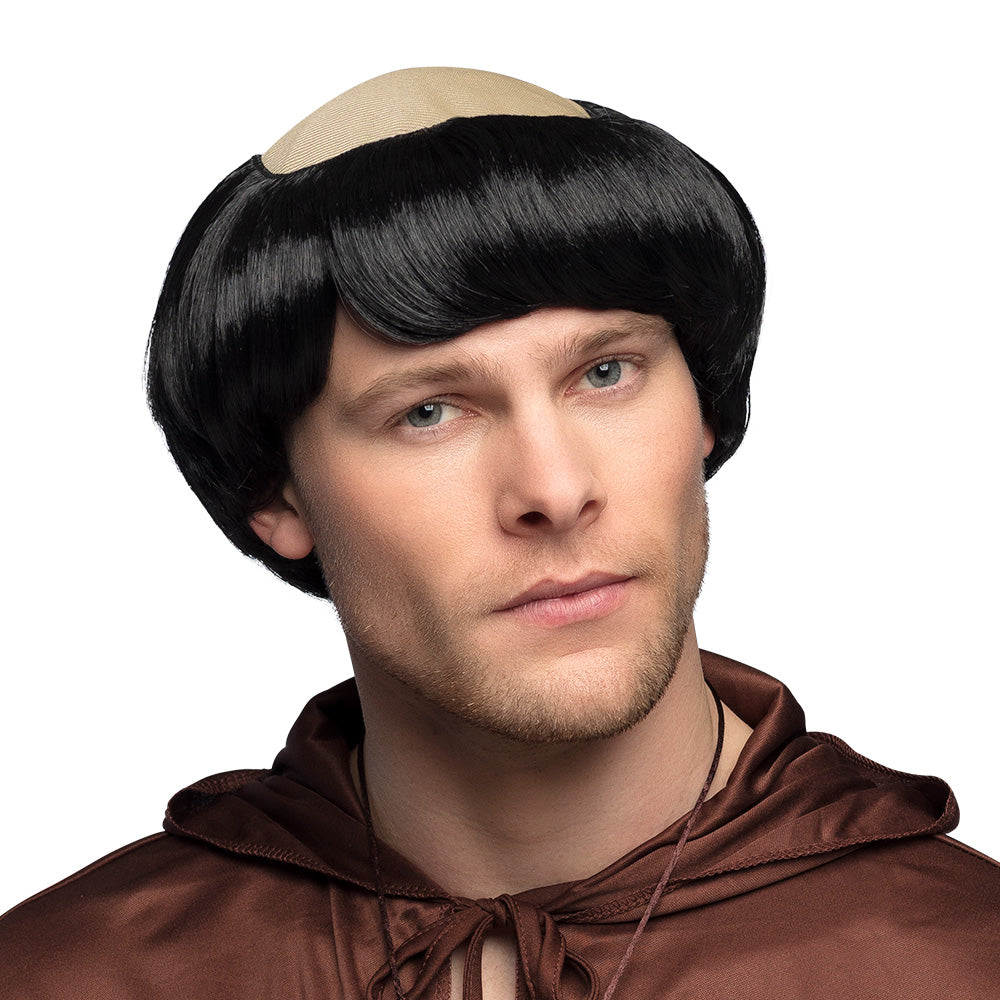 Bald monk wig for men, black polyester costume accessory for adults, ideal for religious or theatrical dress-up.