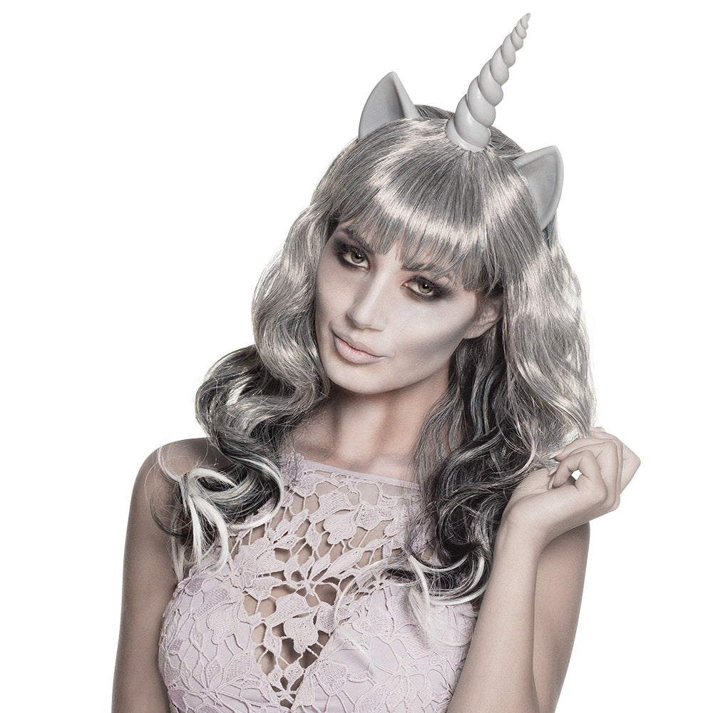 Gray ghost unicorn wig for women with latex horn and ears, perfect for adult Halloween costumes and cosplay.