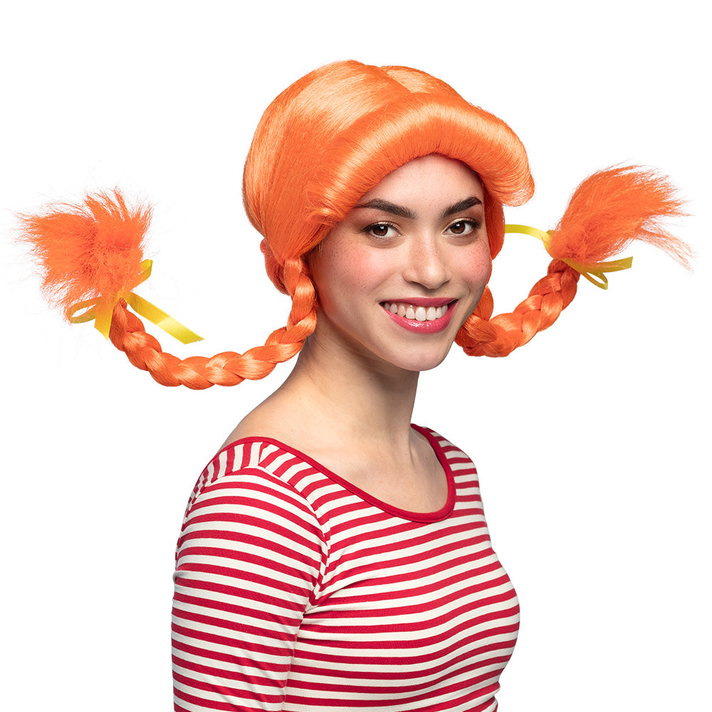 Orange braided wig for women made of 100% polyester with ribbons, displayed in a box, ideal for adults.