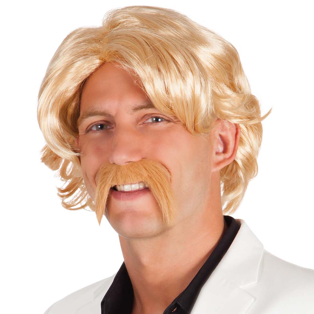Blonde Chuck wig with matching mustache for men, made of 100% polyester, adult costume accessory in box packaging.