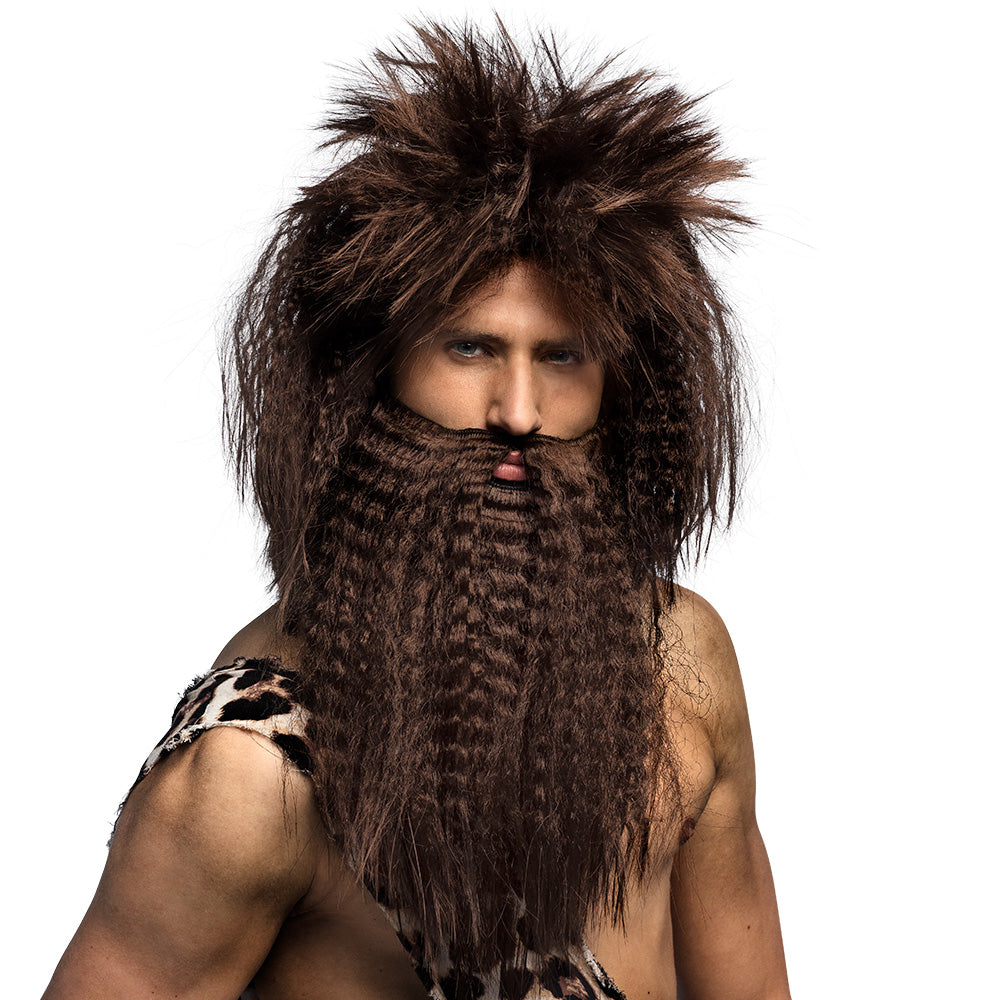 Caveman wig with brown hair and attached beard for men, adult costume accessory made of 100% polyester, ideal for prehistoric or themed parties.