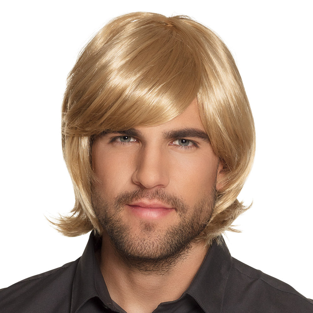 Blonde spiked wig for men made of 100% polyester, adult size, displayed in a box, ideal for costumes and cosplay.