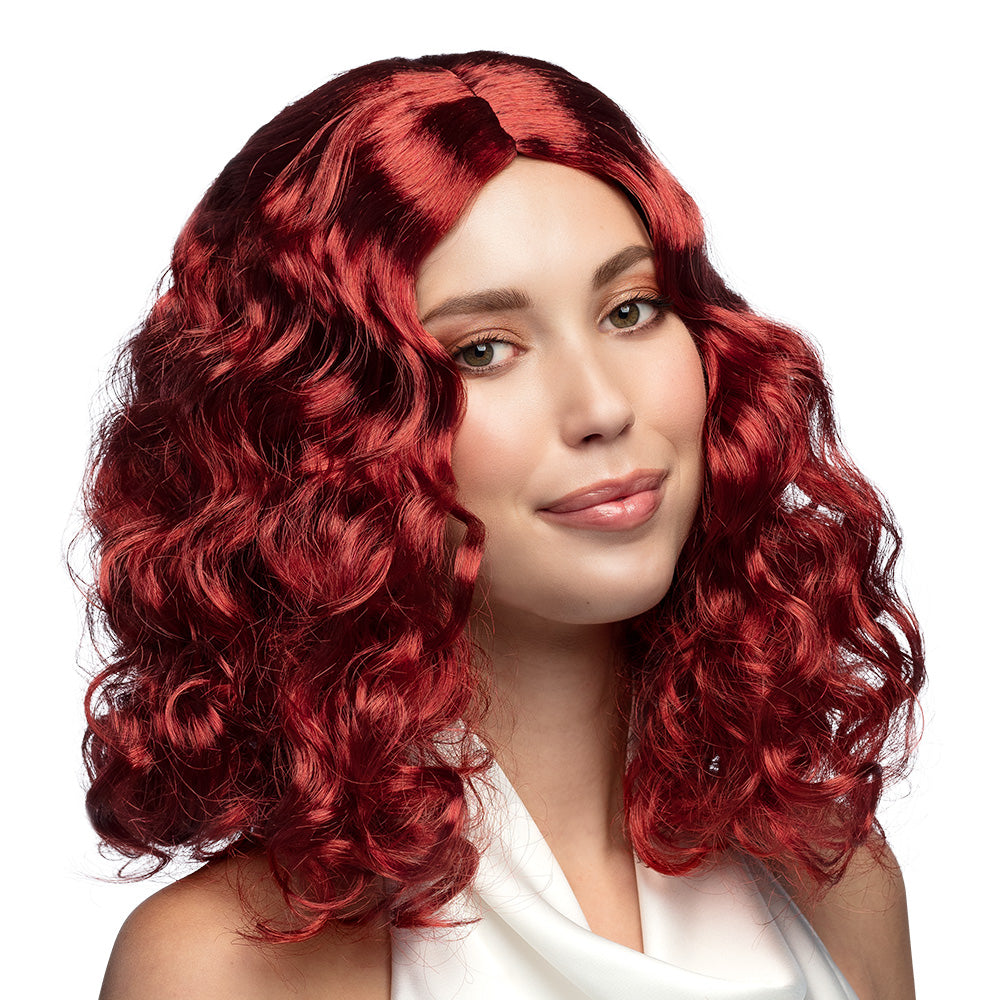 Red synthetic wig for women made of 100% polyester, adult size, packaged in a box, ideal for costumes or fashion styling.