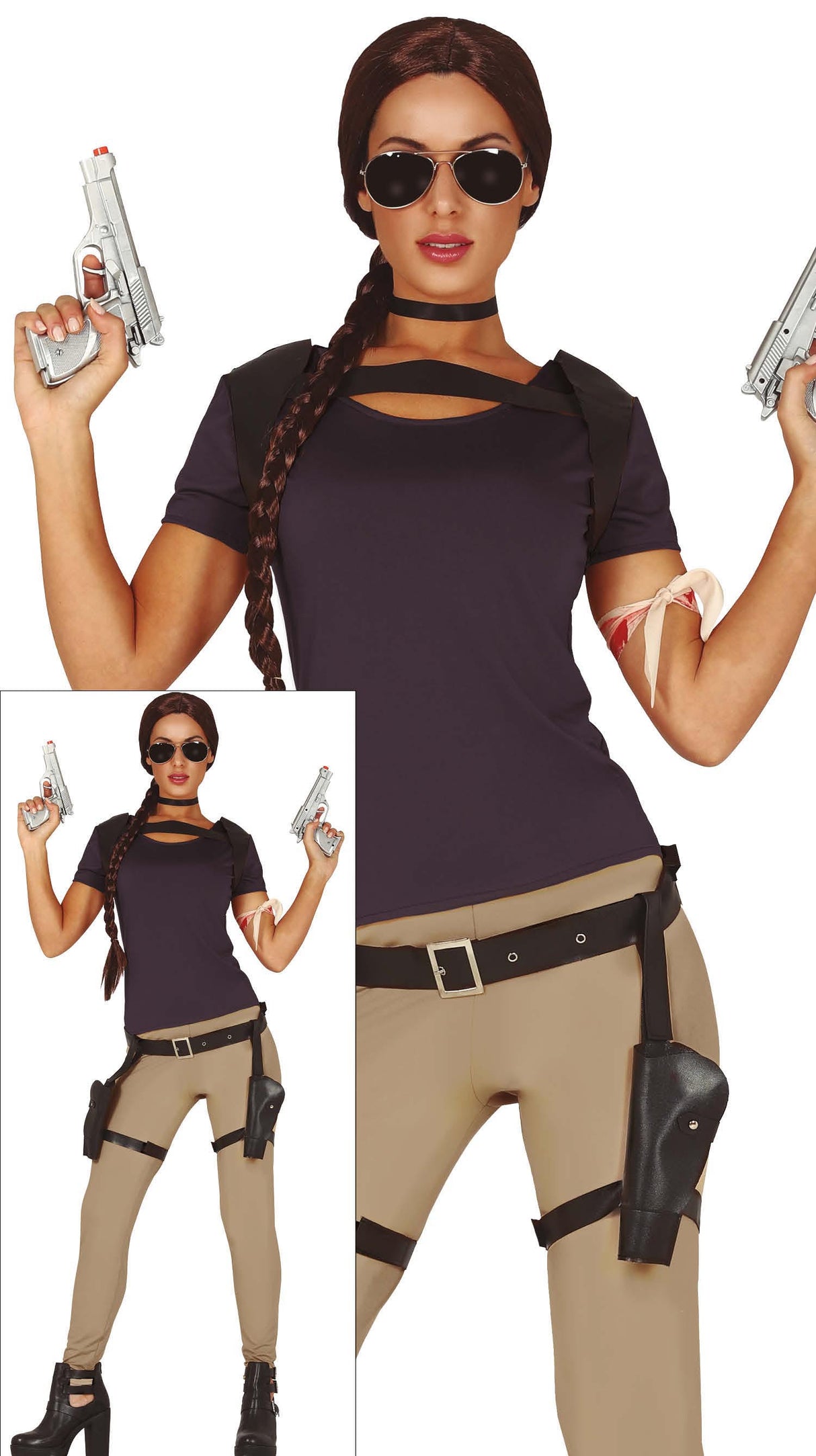 Women's adventurer costume in brown and beige polyester inspired by video game characters, adult size 38-40.