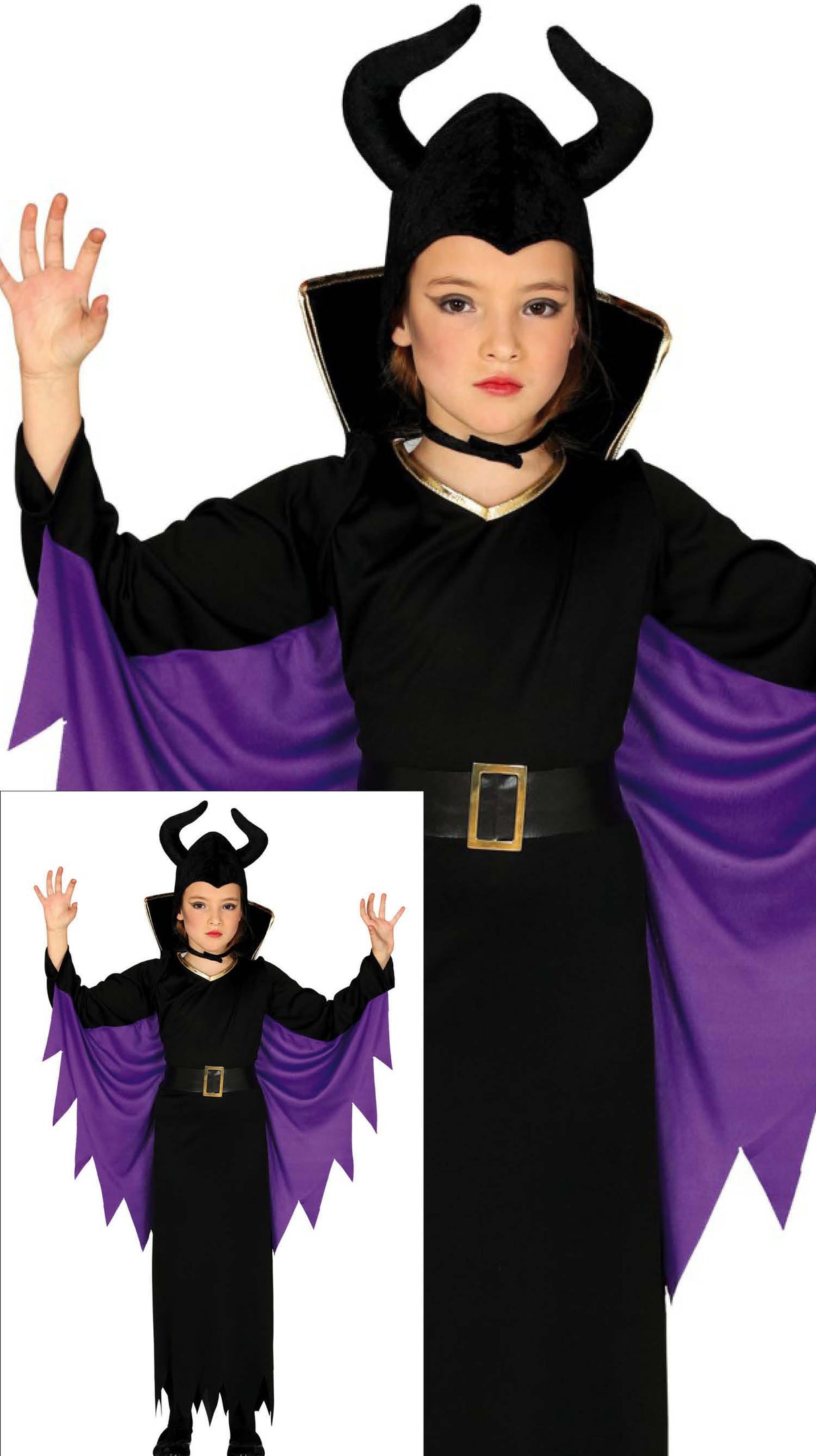 Children's wicked fairy costume in black and lilac polyester, size 7-9 years, perfect for Halloween or fairy tale themed events.