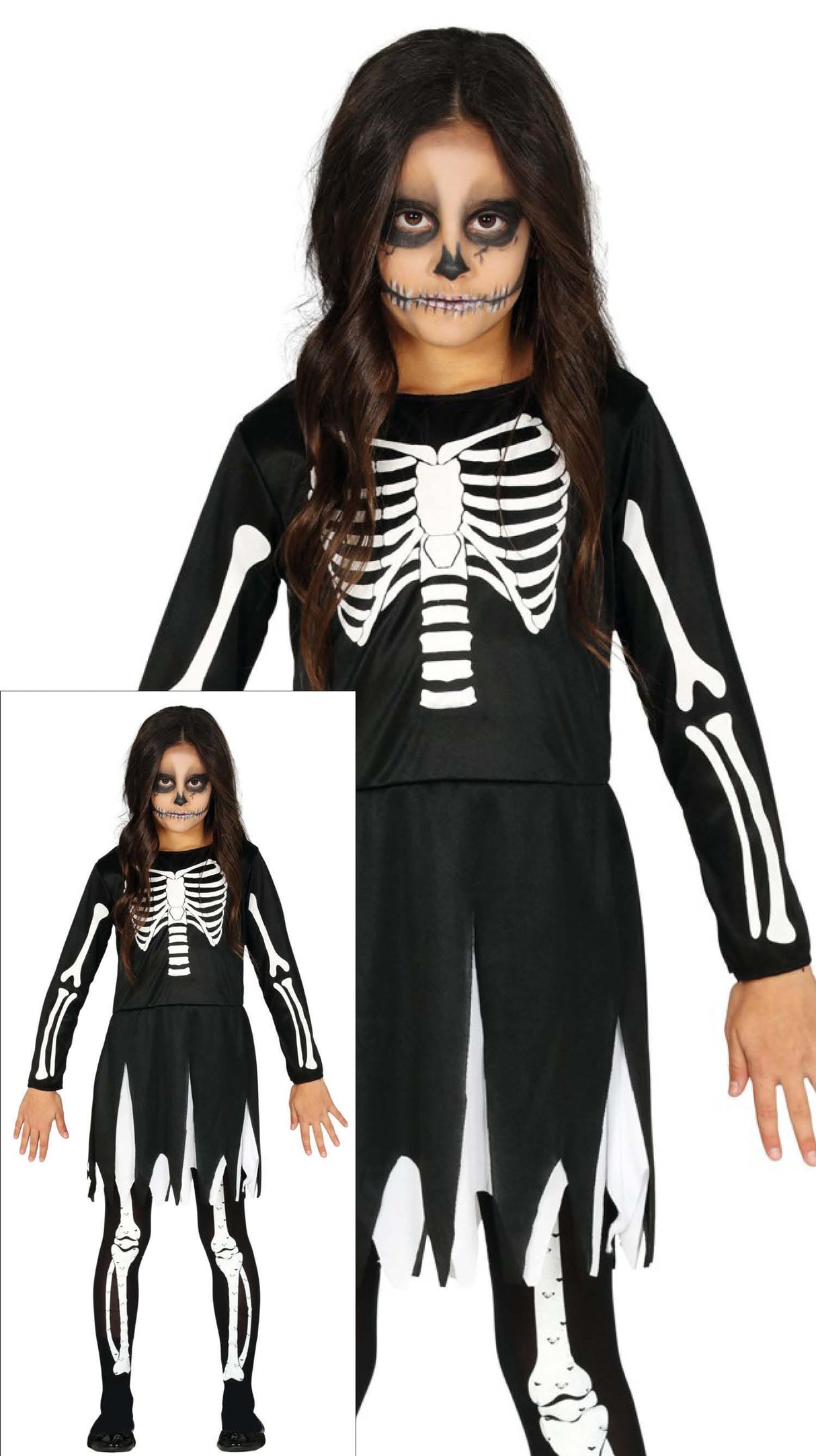 Children's skeleton costume for girls ages 3-4 in black and white polyester, perfect for Halloween dress-up.