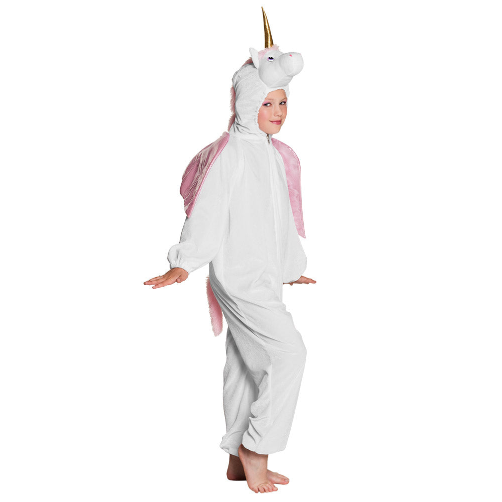 White unicorn plush costume for children up to 1.4 meters tall, made of 100% polyester, displayed on hanger.