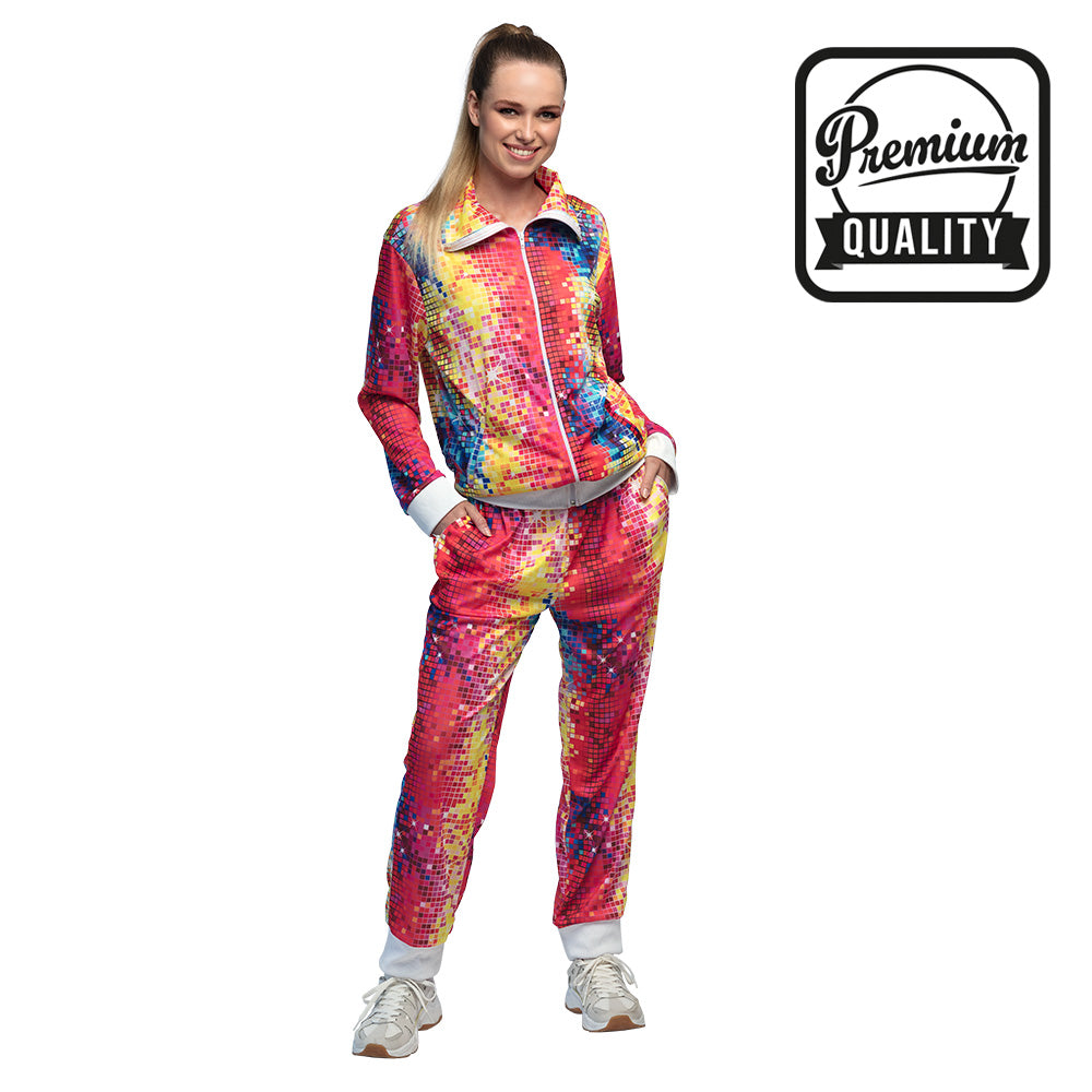 Women's 80s disco tracksuit in size small, high-quality 100% polyester costume for adults, ideal for retro party outfits.