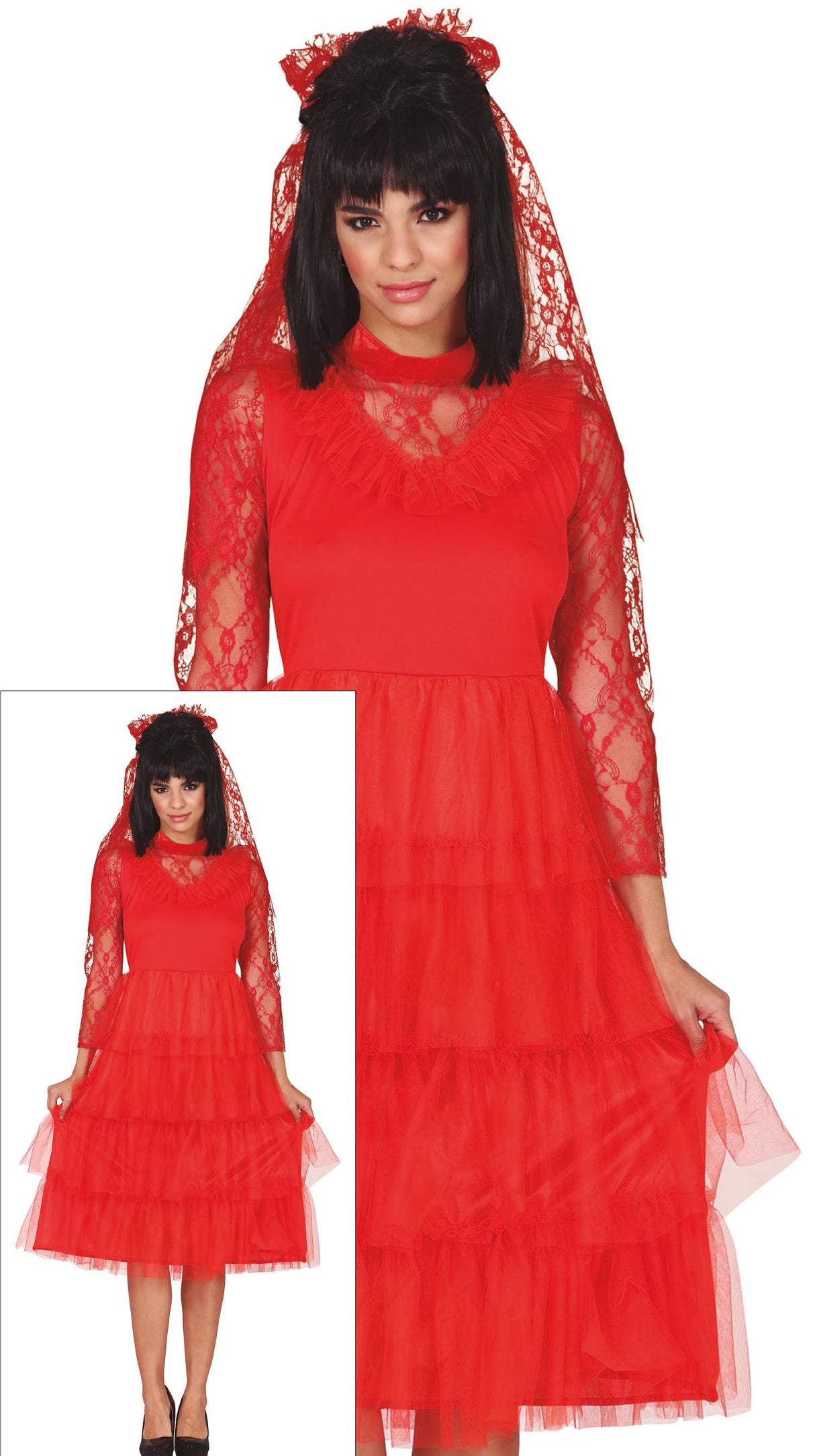 Adult women's red bride Halloween costume in size large 42-44, made of polyester.