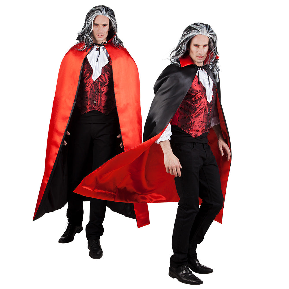 Reversible black and red deluxe vampire cape for adults, 150 cm long, made of 100% polyester, perfect for Halloween costumes.