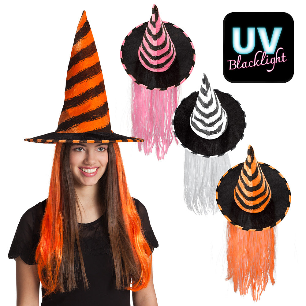 Witch hat for women with attached multicolored hair, perfect for adult Halloween costumes, made of polyester and PET.